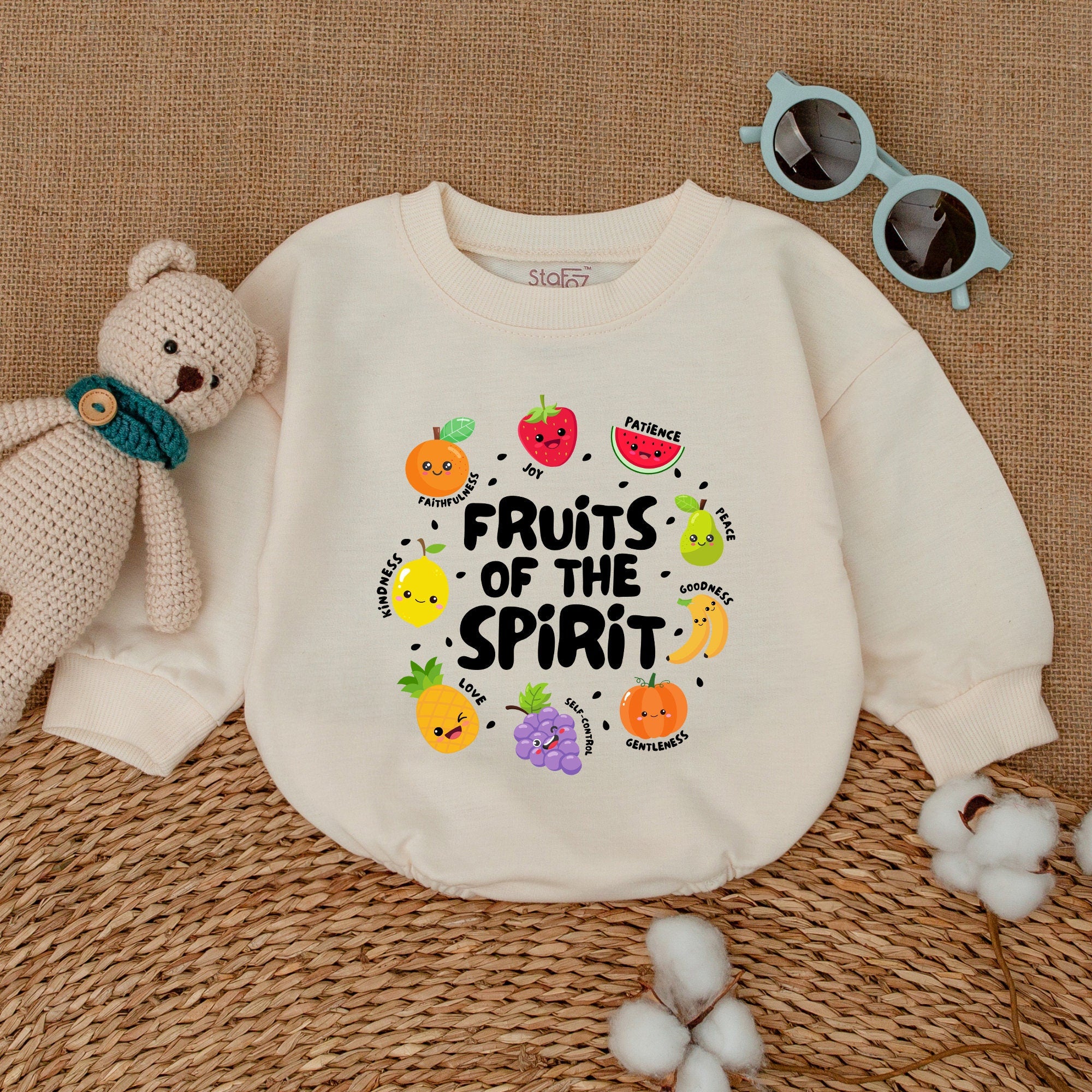 Fruits of the Spirit Baby Romper Vibrant Fruit Design Christian Newborn Bodysuit Soft Cotton Joyful Outfit Perfect Baby Shower Gift