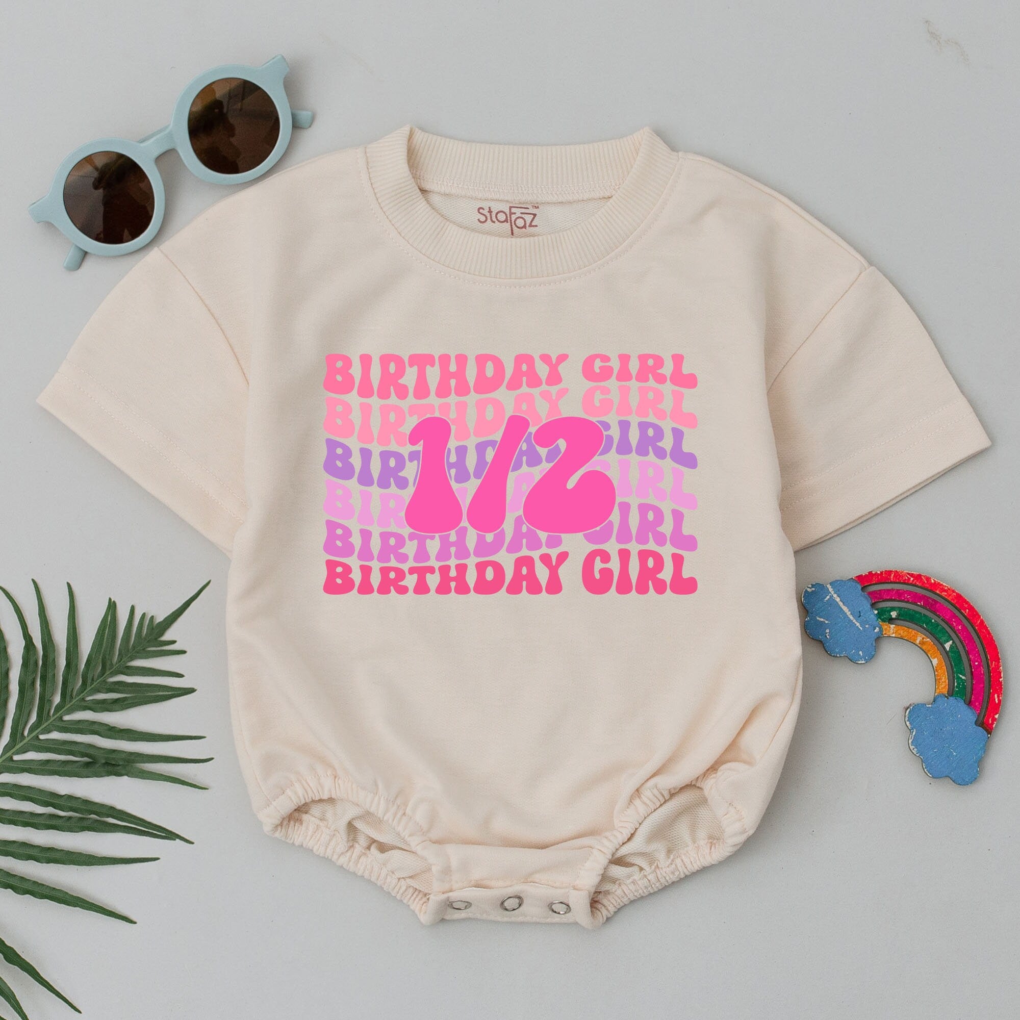 Half Birthday Girl Romper with Pink Bold 1/2 Design Soft Cotton Outfit Infant Girl 6 Months Party Gift Vibrant Pink Purple Colors