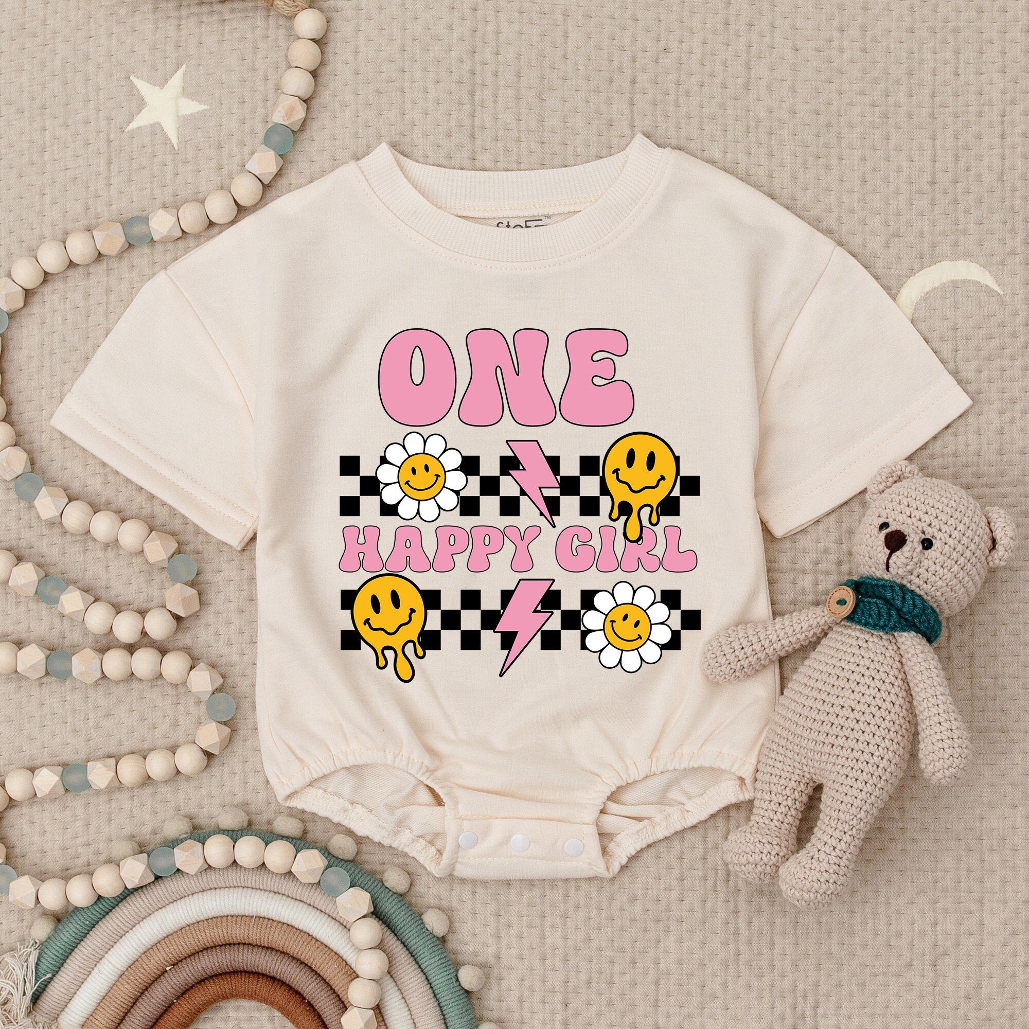 One Happy Girl Birthday Romper with Smiles & Daisies