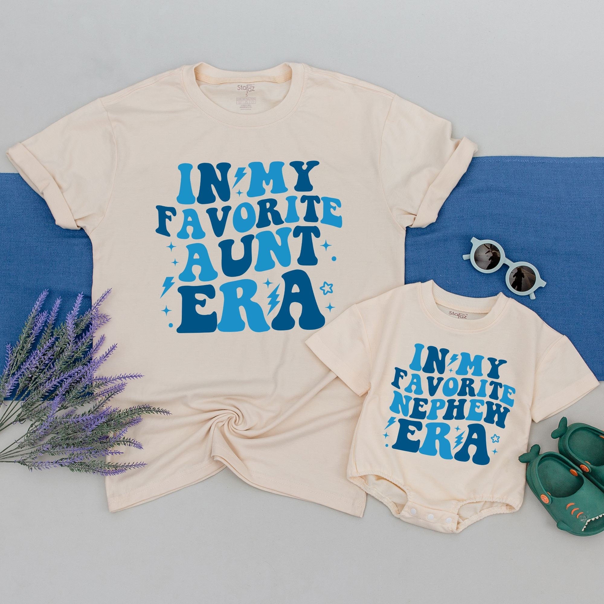 Personalized Aunt and Nephew Matching Shirts Bright Blue Playful Design Fun Family Outfit Custom Names Gift for Aunt and Nephew