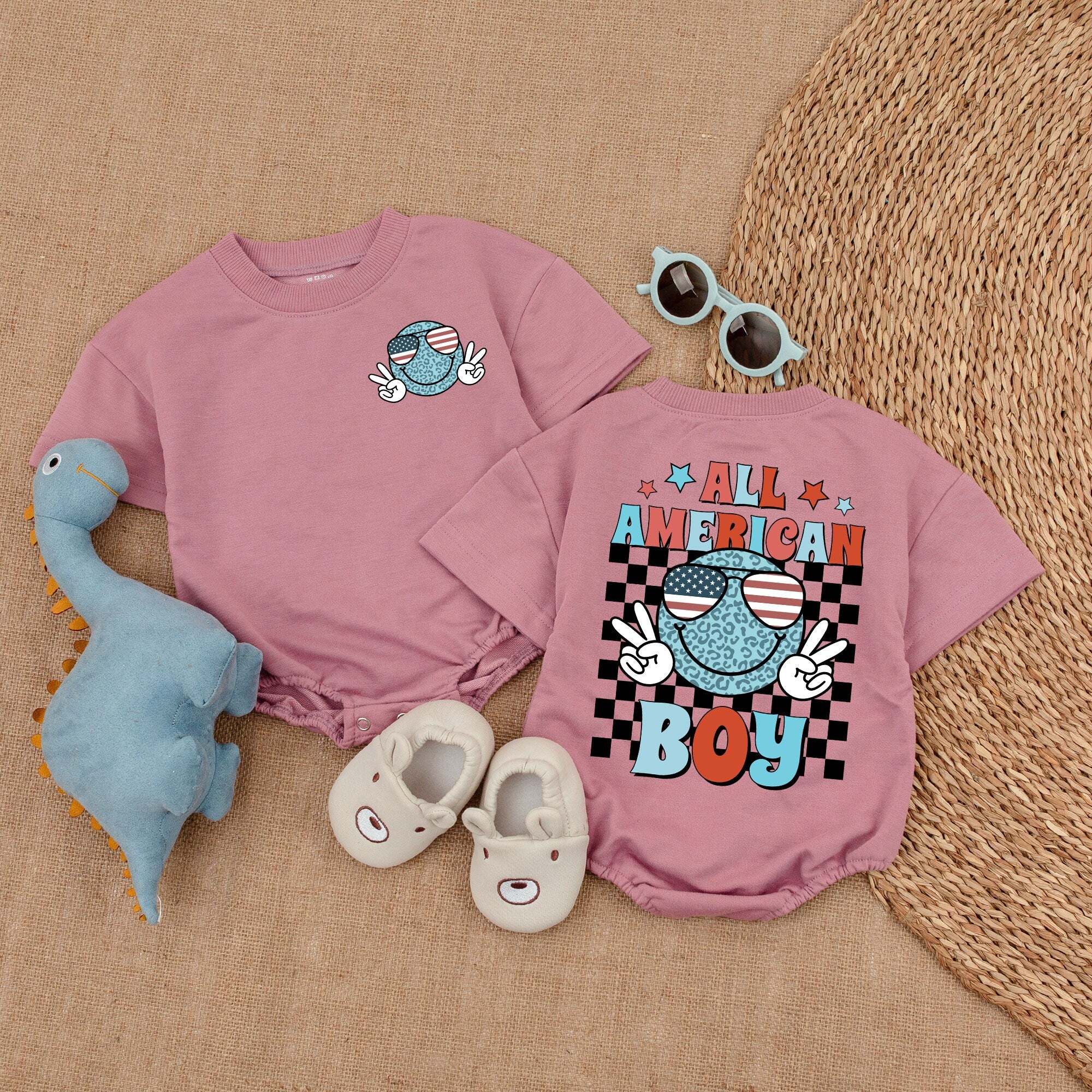 All American Boy Retro Romper Smiling Face Sunglasses Peace Sign Baby Summer Outfit Patriotic Stars Birthday Holiday Fun