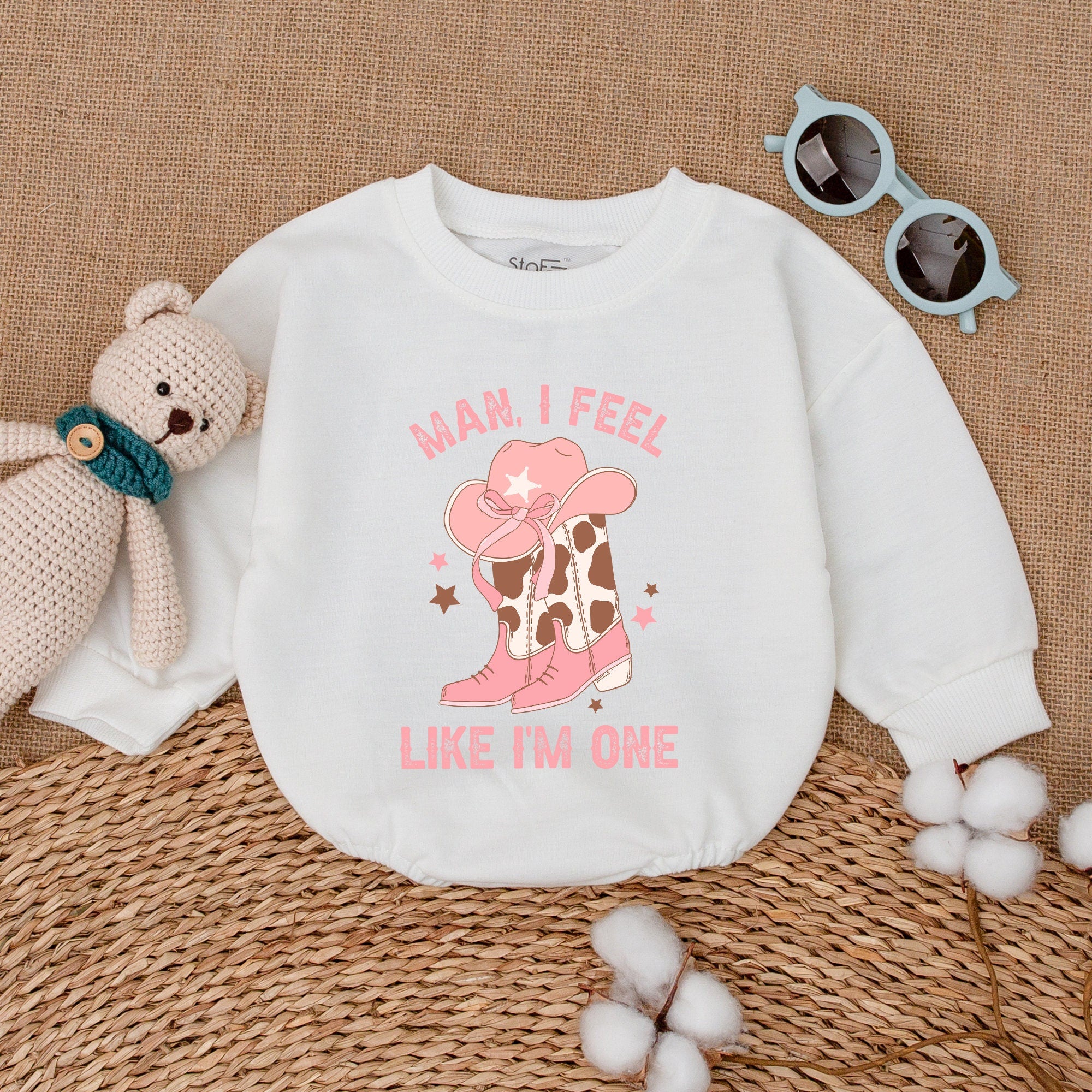 Man I Feel Like I'm One Pink Cowboy Hat Cowgirl Romper First Birthday Outfit Baby's Western Party Bodysuit with Star Boots Design