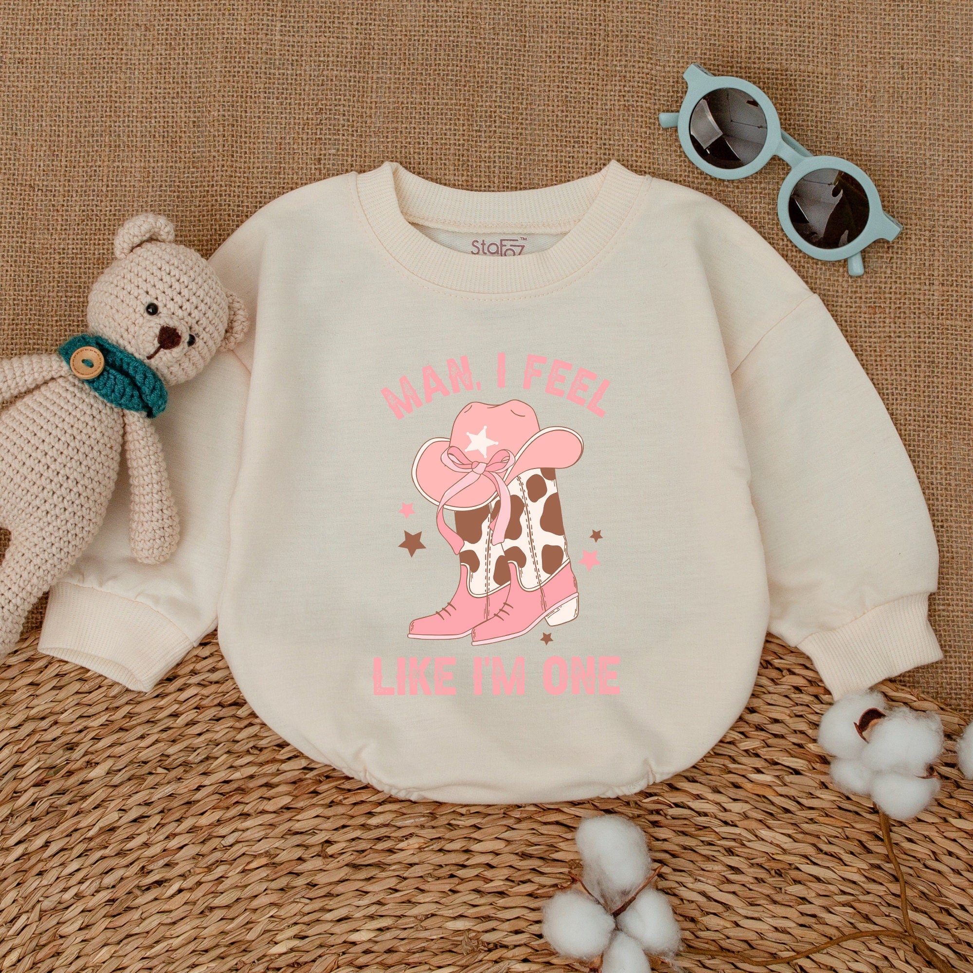 Man I Feel Like I'm One Pink Cowboy Hat Cowgirl Romper First Birthday Outfit Baby's Western Party Bodysuit with Star Boots Design