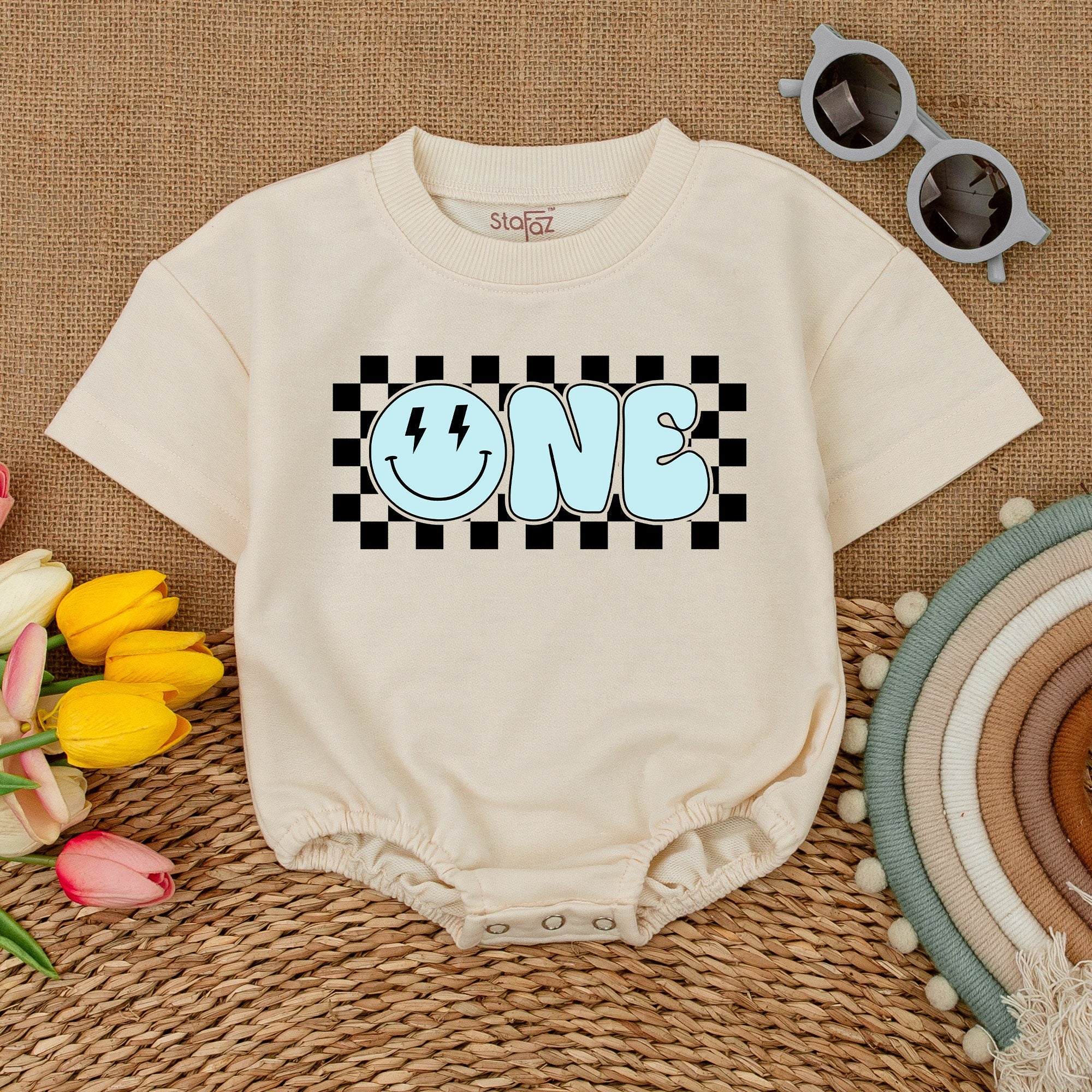 Blue One Smiley Face Baby Romper with Lightning Eyes Fun First Birthday Outfit Cotton Comfortable Cake Smash Suit for Happy Boys
