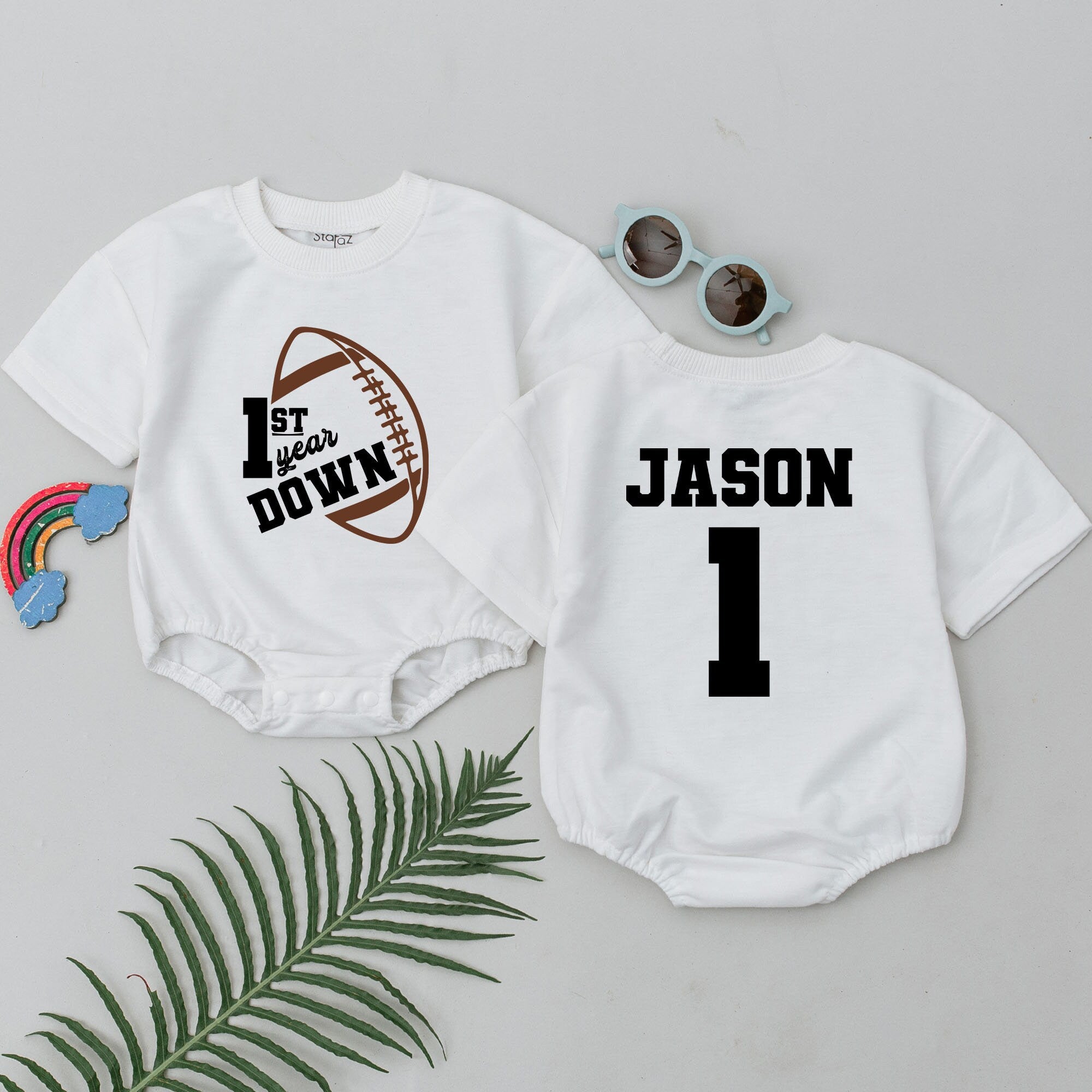 Personalized Football Romper 1st Birthday Outfit for Baby Boys Sporty Playful Design Name Jason Custom Toddler Party Clothes