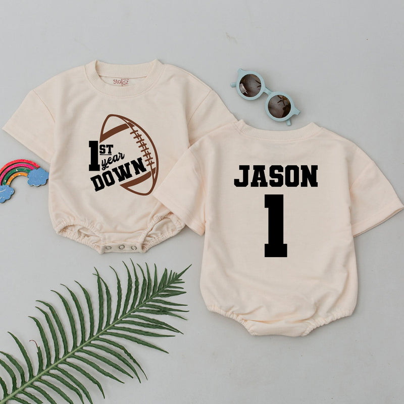 Personalized Football Romper 1st Birthday Outfit for Baby Boys Sporty Playful Design Name Jason Custom Toddler Party Clothes