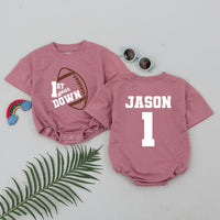 Personalized Football Romper 1st Birthday Outfit for Baby Boys Sporty Playful Design Name Jason Custom Toddler Party Clothes