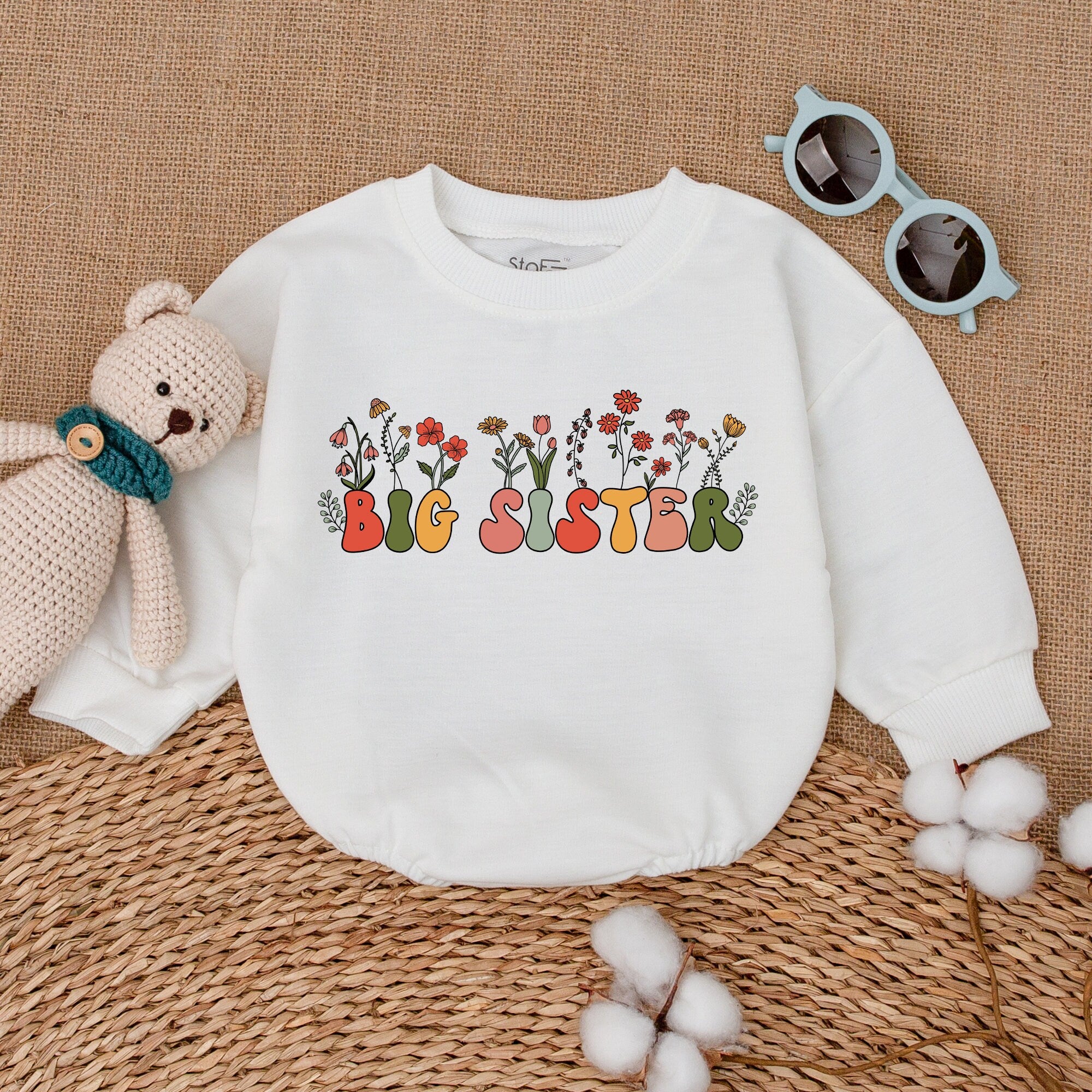 Big Sister Baby Romper in Bold Playful Colors with Floral Motifs Infant Girl Outfit for Pregnancy Announcement or Baby Shower Gift