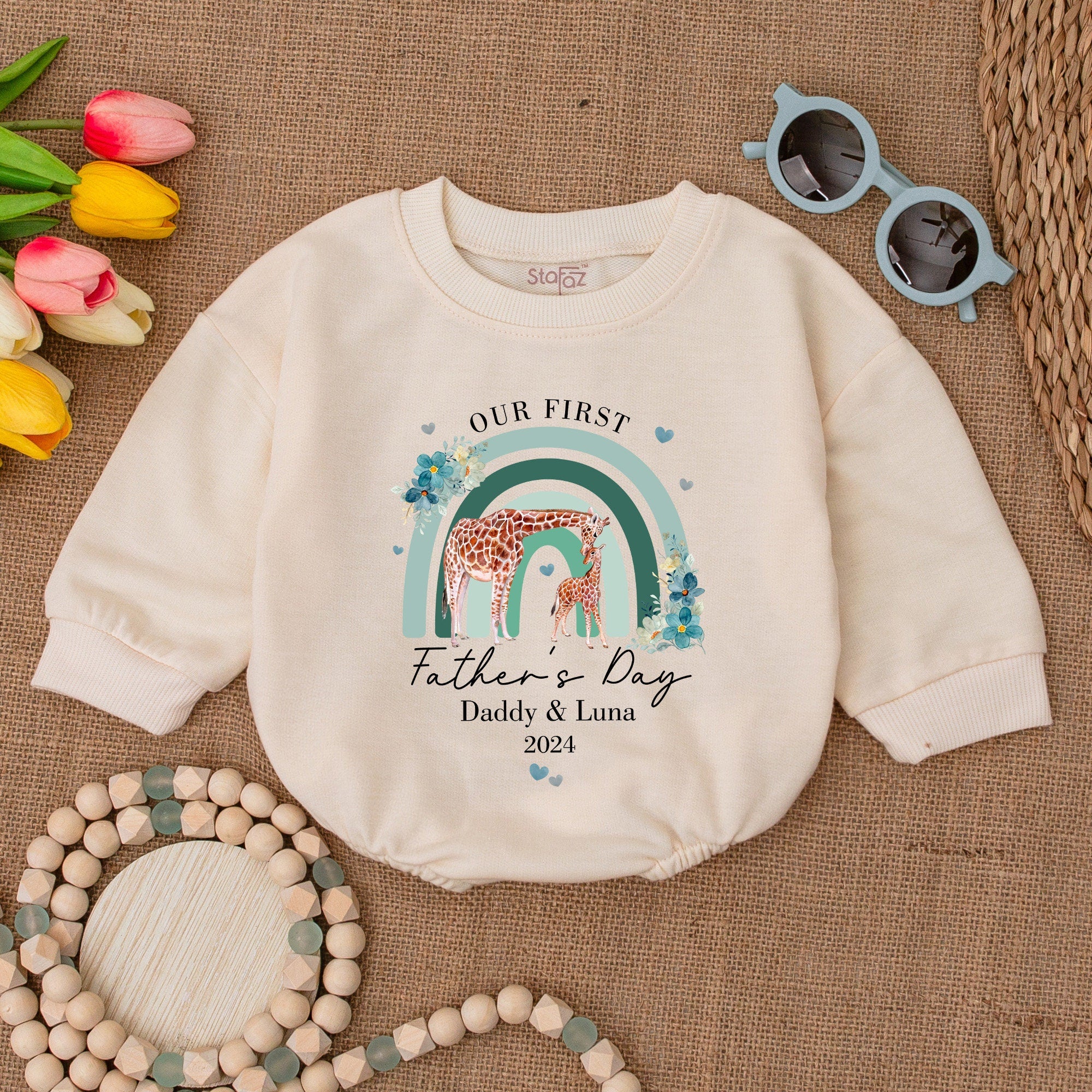 Personalized Our First Father's Day Giraffe Romper Baby Bodysuit Adorable Rainbow Design Soft Cotton Newborn Infant Keepsake 2024