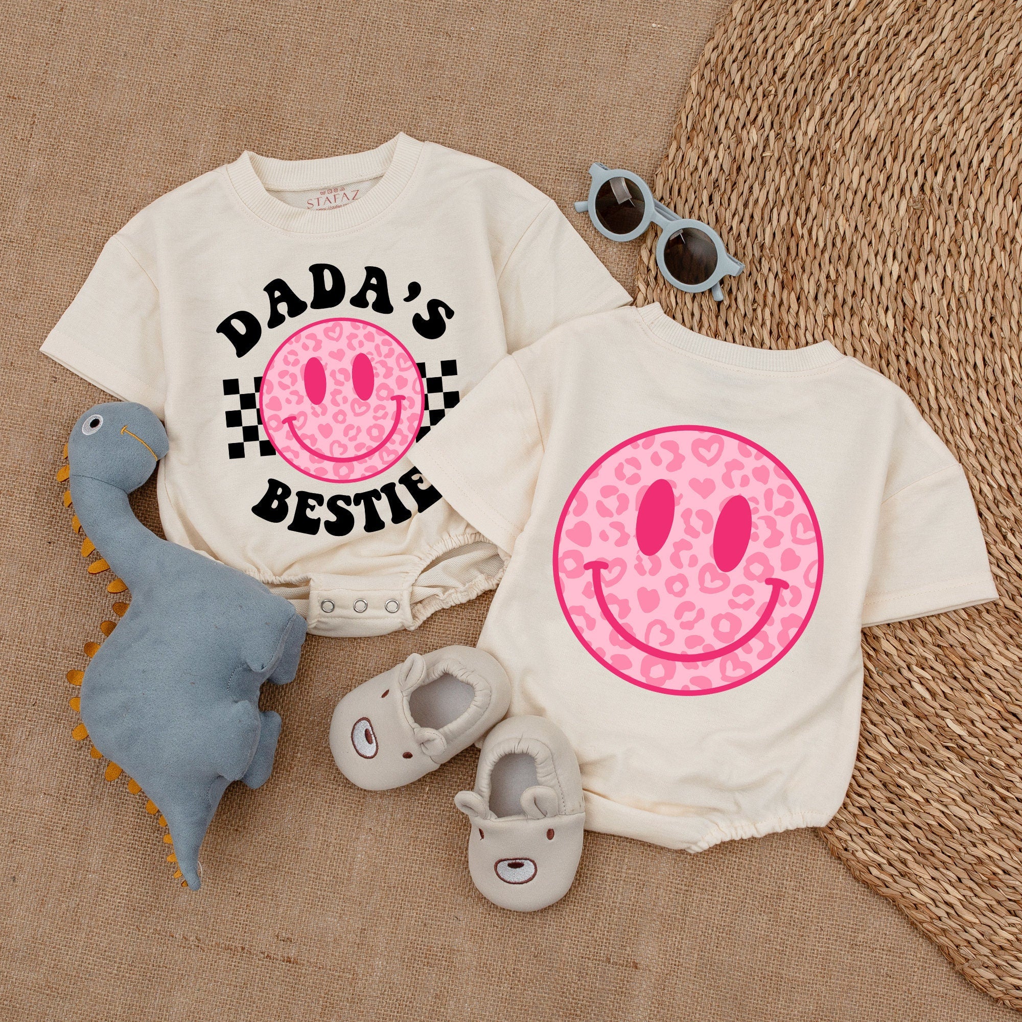 Dada's Bestie Pink Smiley Romper Baby Girl Outfit Leopard Print Checkerboard Graphic Fun Gift Birthday Holiday Cotton Soft Comfortable