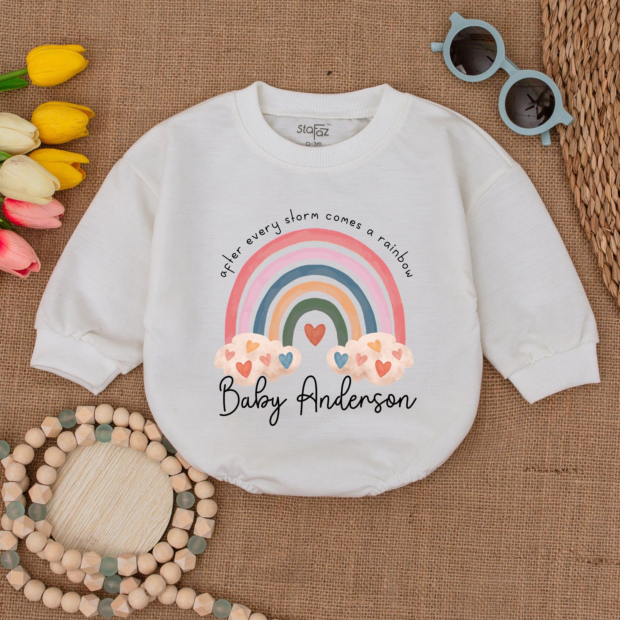 Custom Name Rainbow Baby Romper Soft Pastel Colors Miracle Bodysuit Heart Motifs IVF Baby Gift Cotton Comfortable Infant Outfit