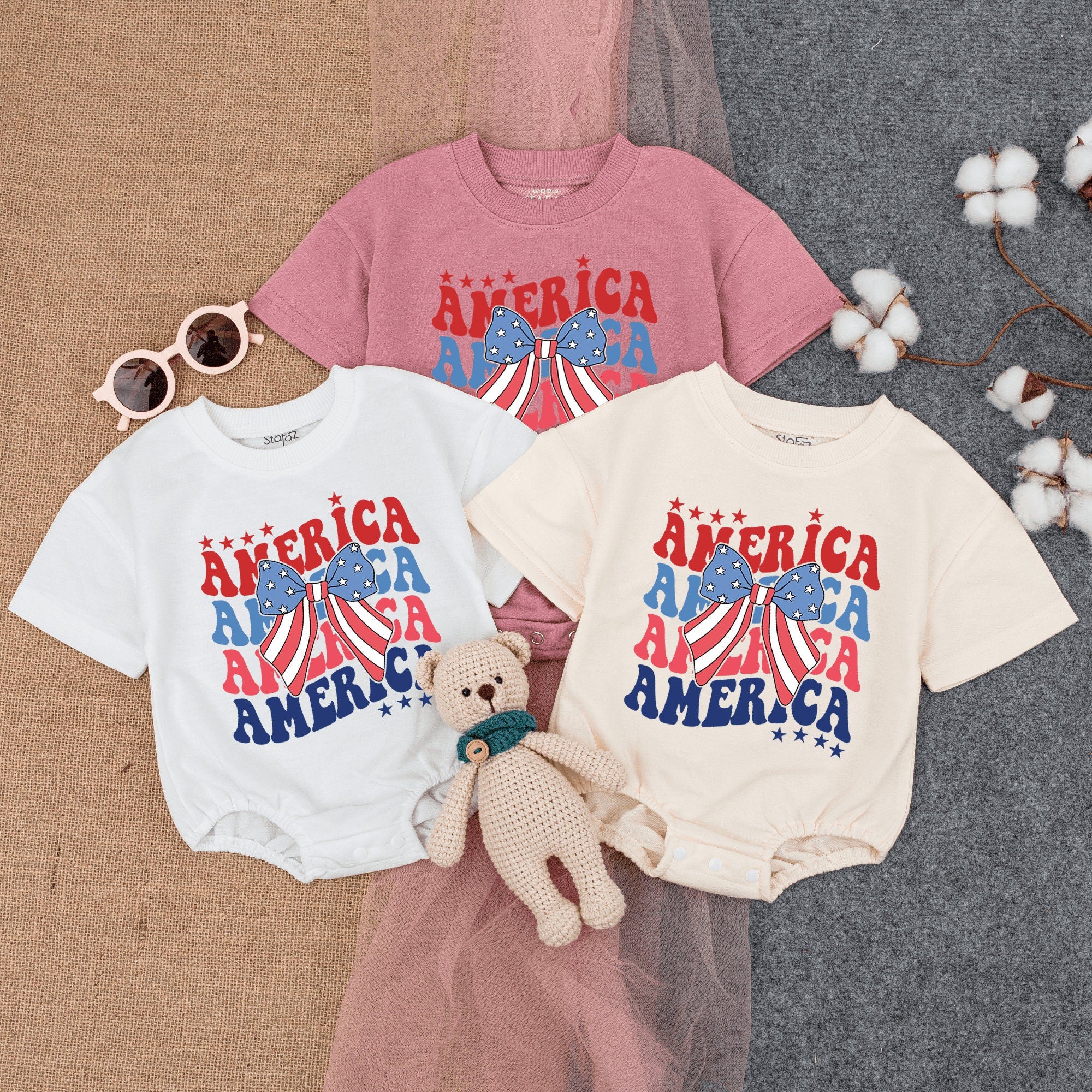 America Bow Bubble Romper for Babies Patriotic 4th of July Outfit Soft Cotton Red White Blue Stars and Stripes Infant Party Wear