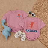 Custom Baby Boy Patriotic Romper with Retro Lightning Bolt and America Print - Soft Cotton 4th of July Outfit for Newborns and Toddlers