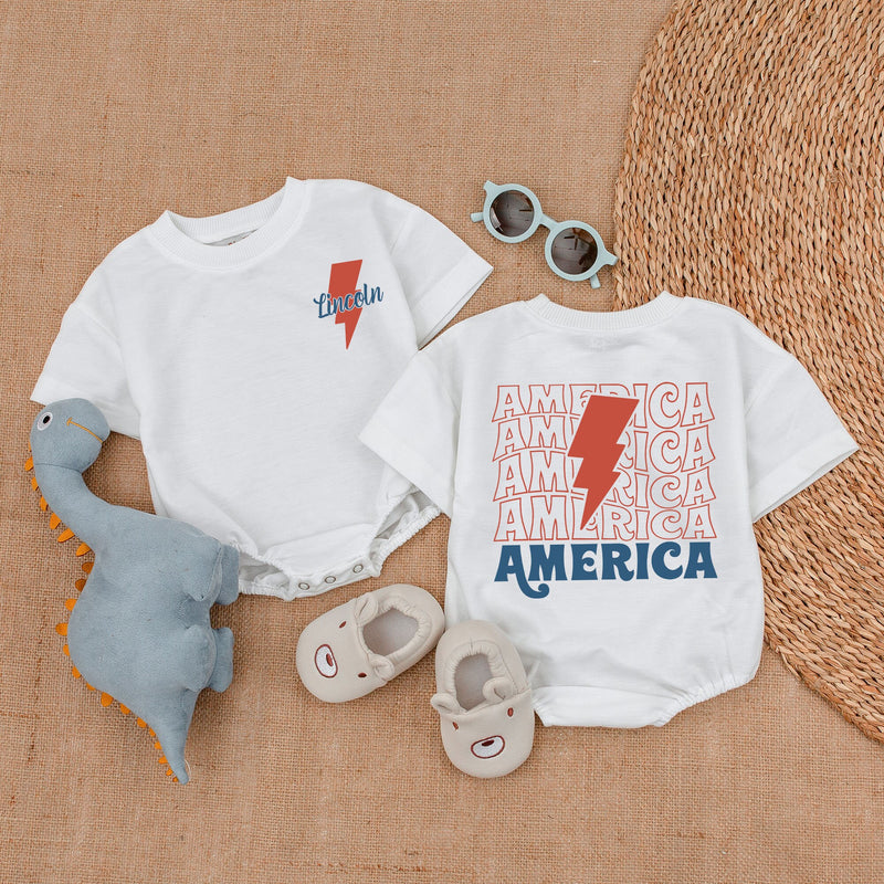 Custom Baby Boy Patriotic Romper with Retro Lightning Bolt and America Print - Soft Cotton 4th of July Outfit for Newborns and Toddlers