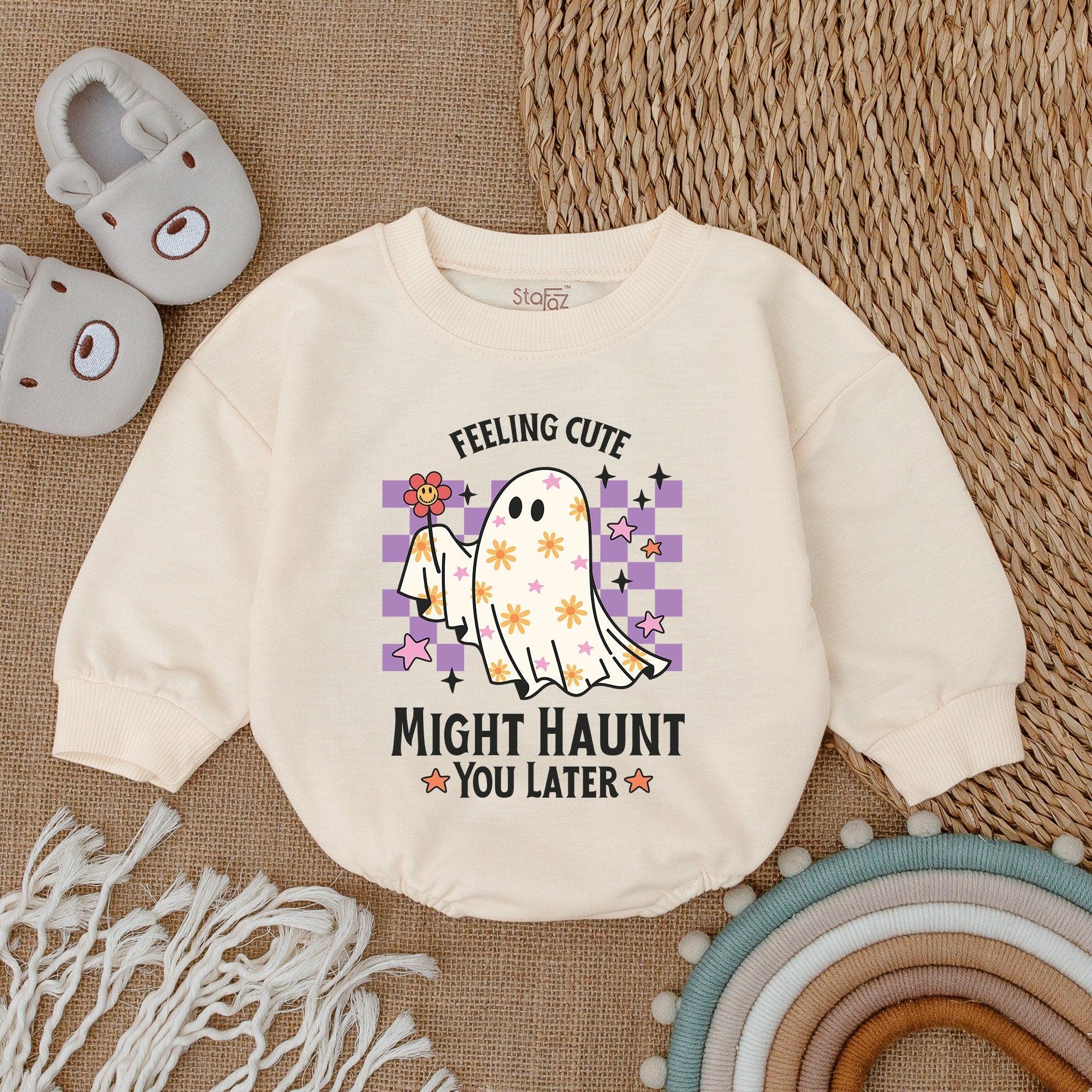 Feeling Cute Ghost Baby Bodysuit Halloween Outfit Infant Romper Adorable Floral Design Purple Stars Soft Cotton My First Holiday Clothes