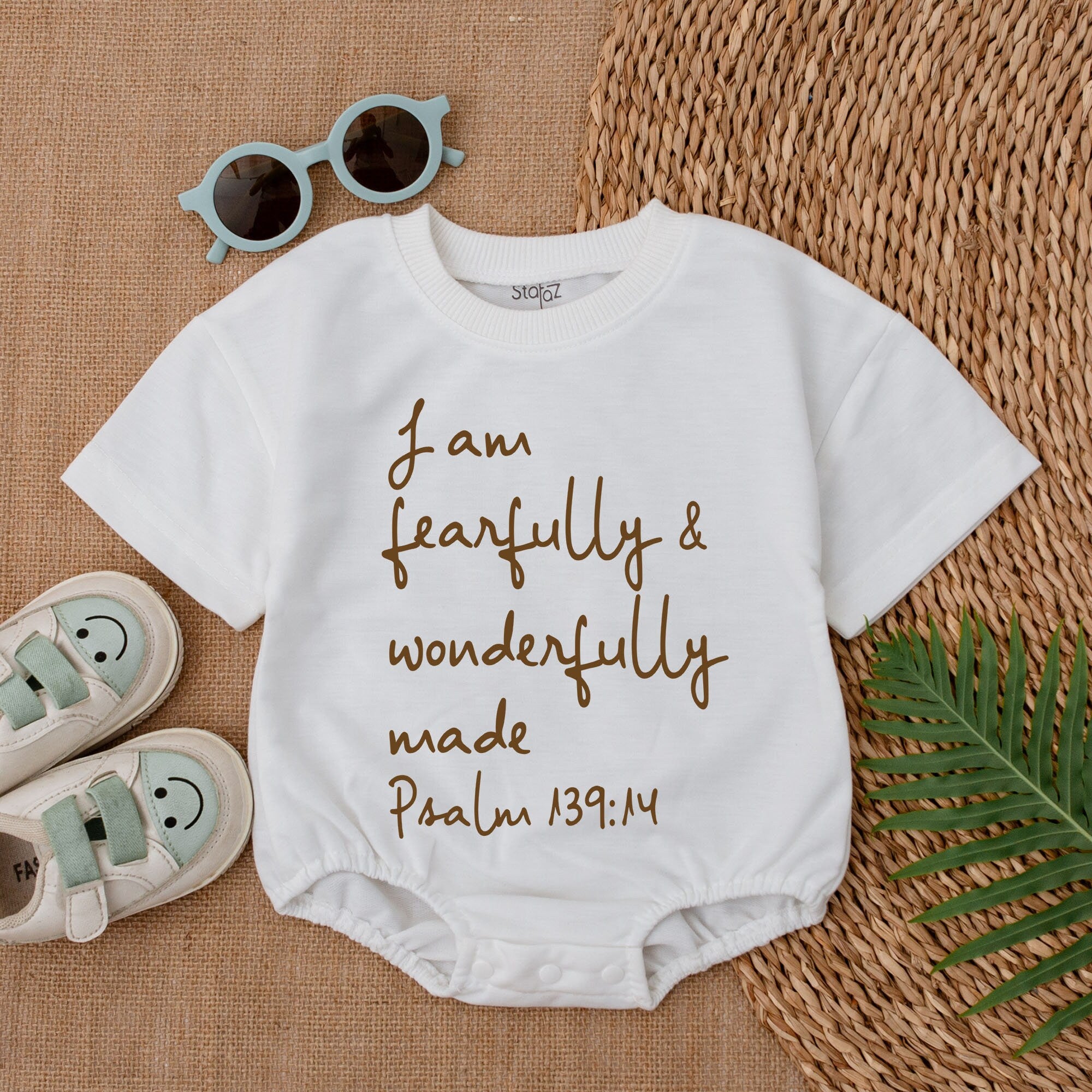 Christian Baby Bodysuit Psalm 139:14 Handwritten Earthy Brown Text Newborn Romper Shower Gift Soft Cotton Infant Clothes Minimalist Design