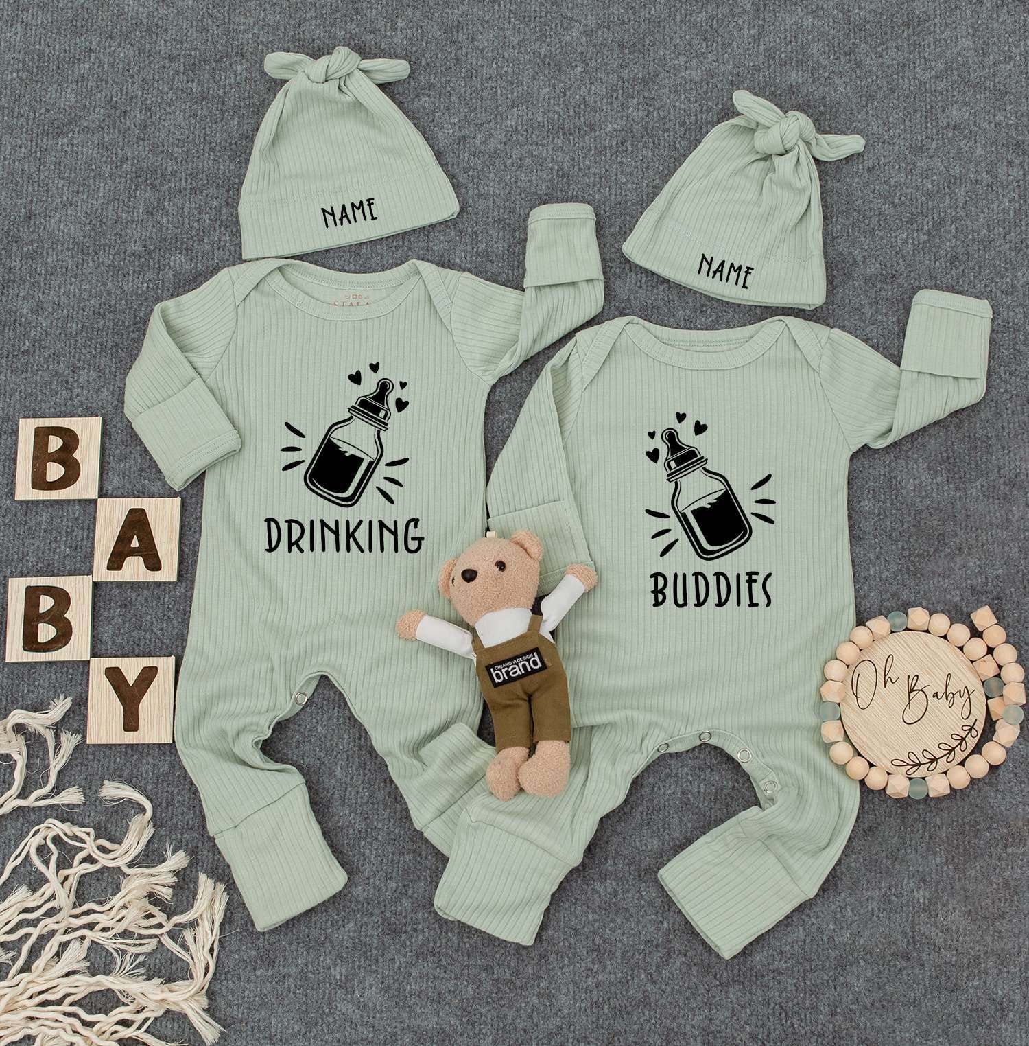 Drinking Buddies Twin Bodysuit Set Milk Bottle Graphic Newborn Baby Outfit Custom Names Personalized Gift Cotton Soft Comfortable