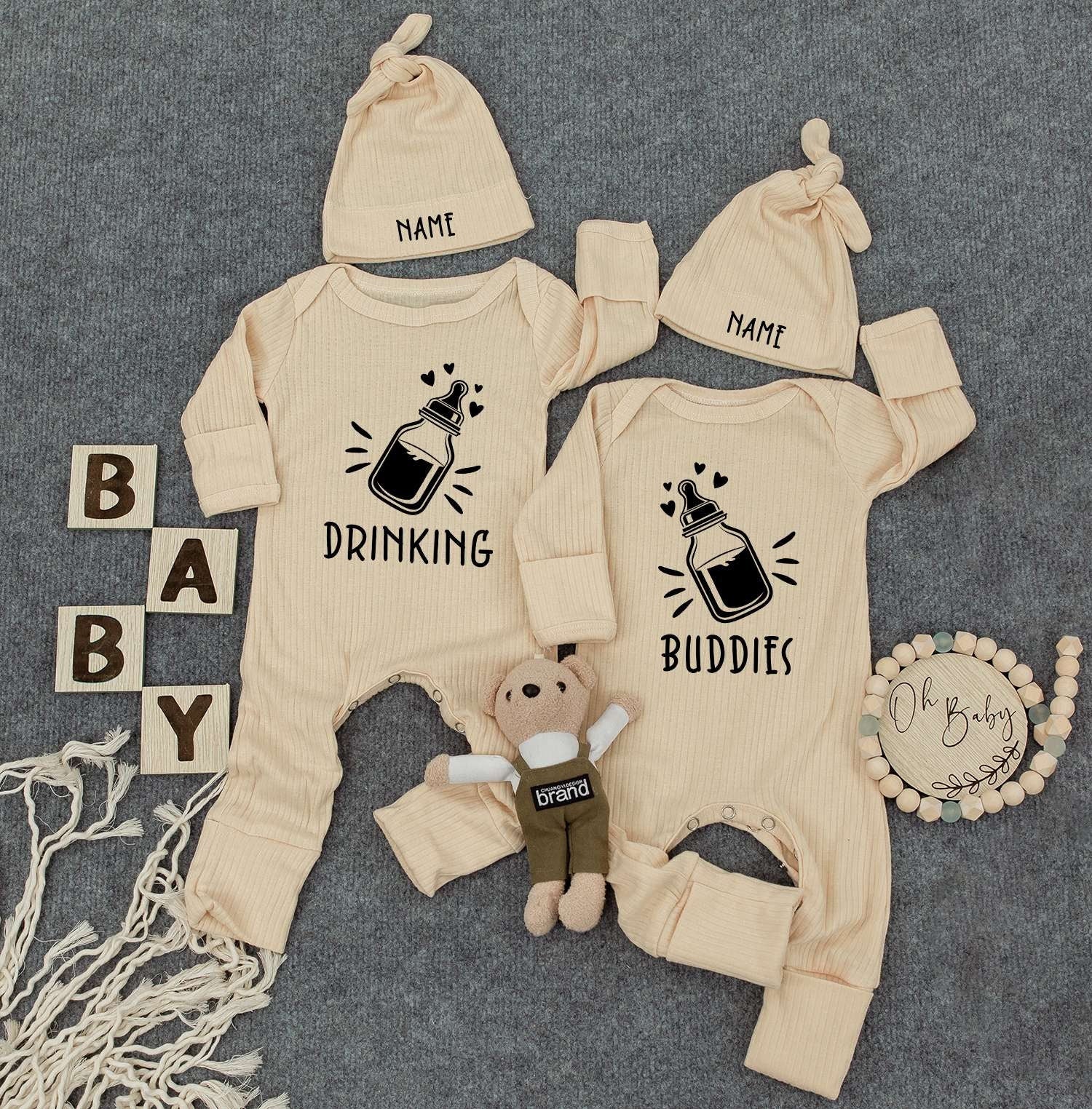 Drinking Buddies Twin Bodysuit Set Milk Bottle Graphic Newborn Baby Outfit Custom Names Personalized Gift Cotton Soft Comfortable
