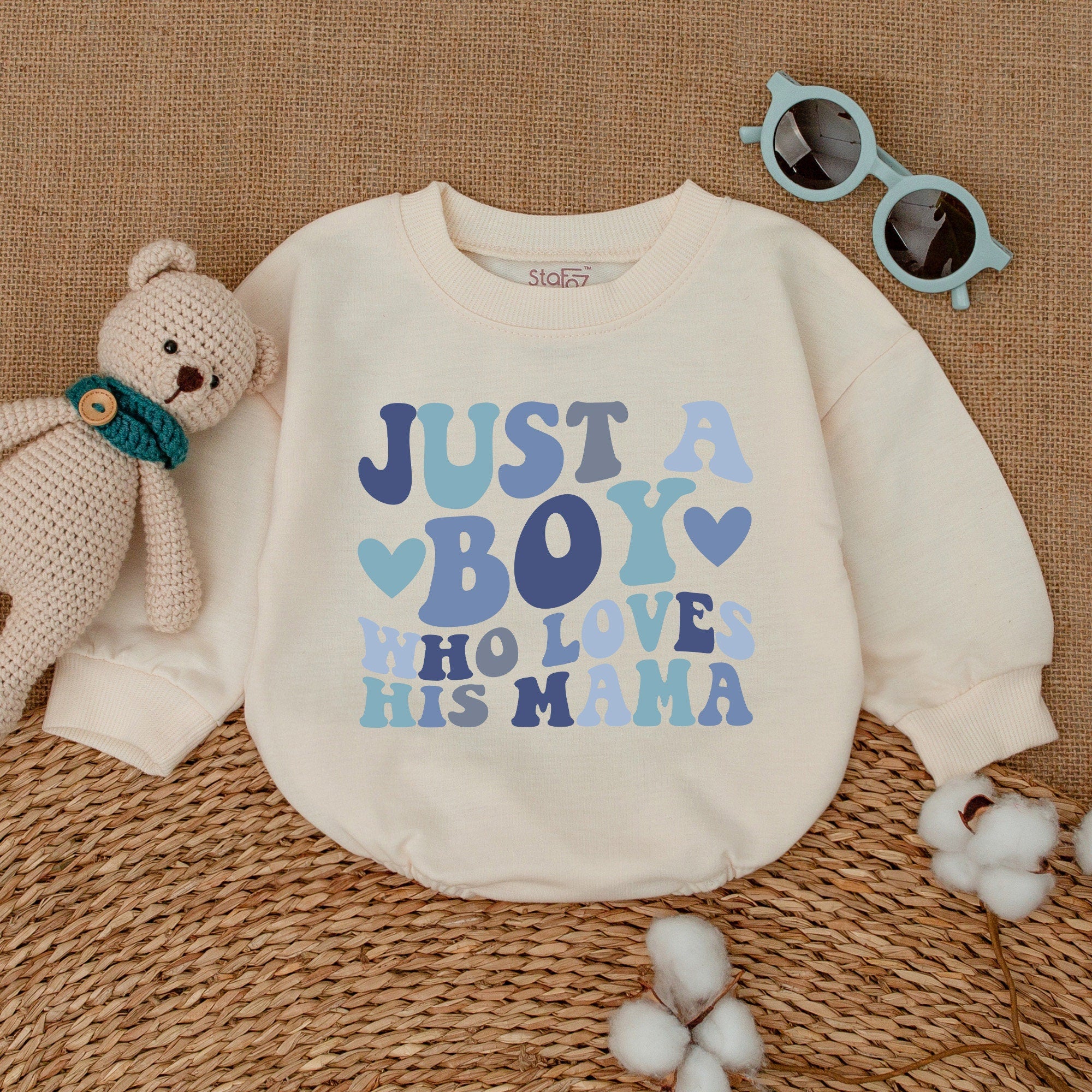 Just A Boy Who Loves His Mama Baby Romper Soft Cotton Outfit Teal Heart Design Infant Birthday Gift Comfortable Playful Baby Clothes