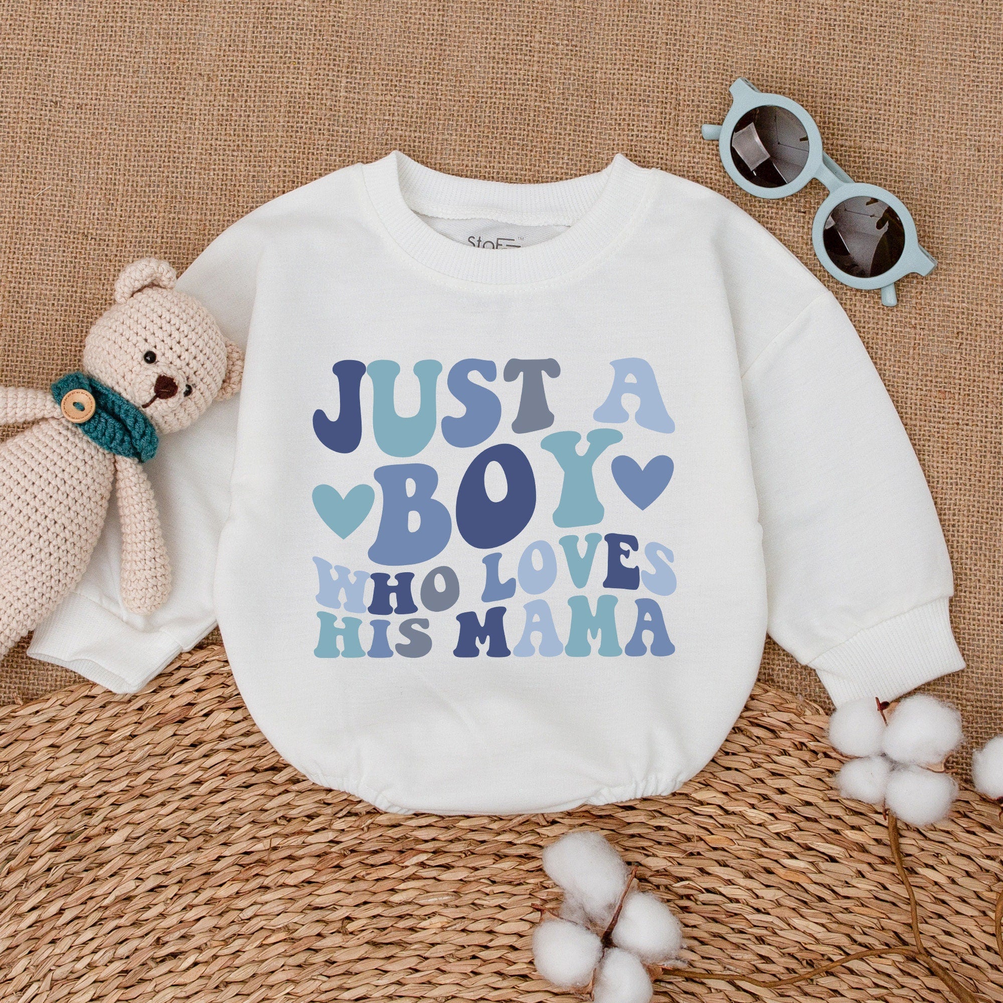 Just A Boy Who Loves His Mama Baby Romper Soft Cotton Outfit Teal Heart Design Infant Birthday Gift Comfortable Playful Baby Clothes