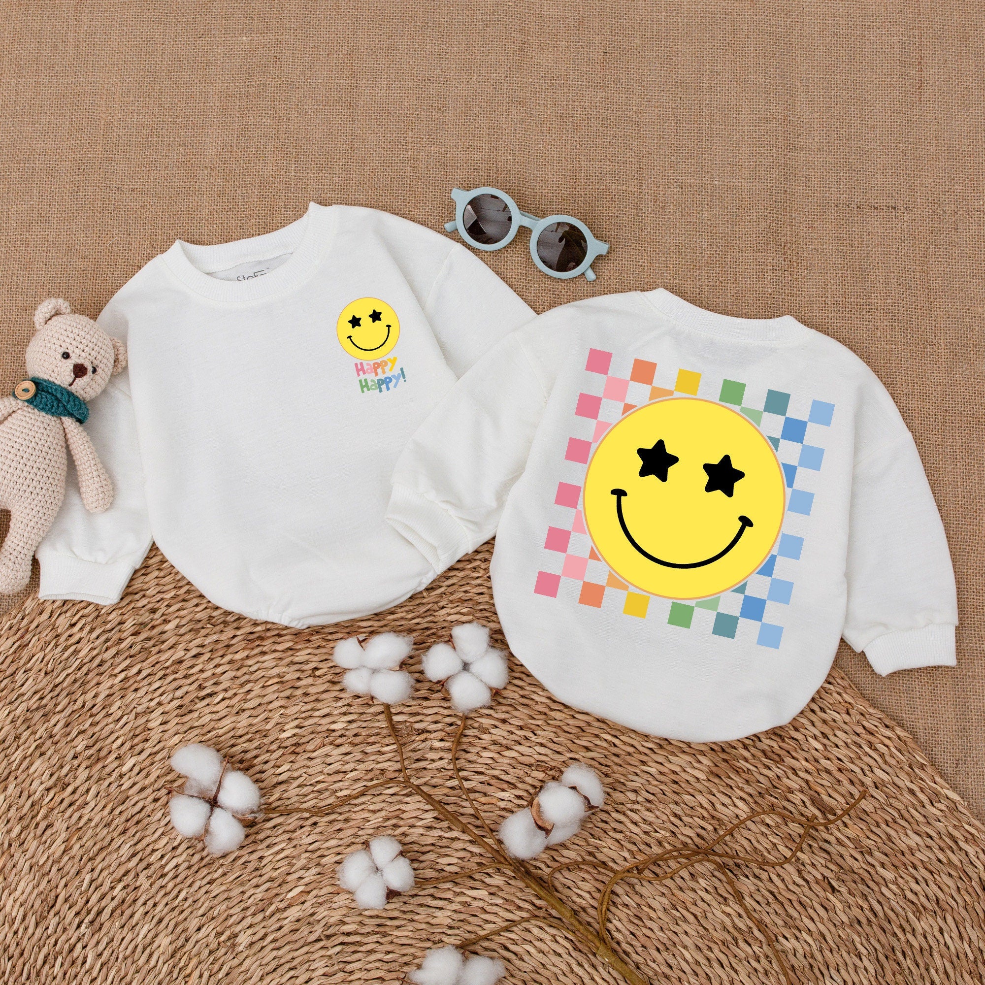 Happy Happy Smiley Face Baby Bodysuit Rainbow Checkered Romper Newborn Cotton Outfit Minimalist Infant Clothes Gift