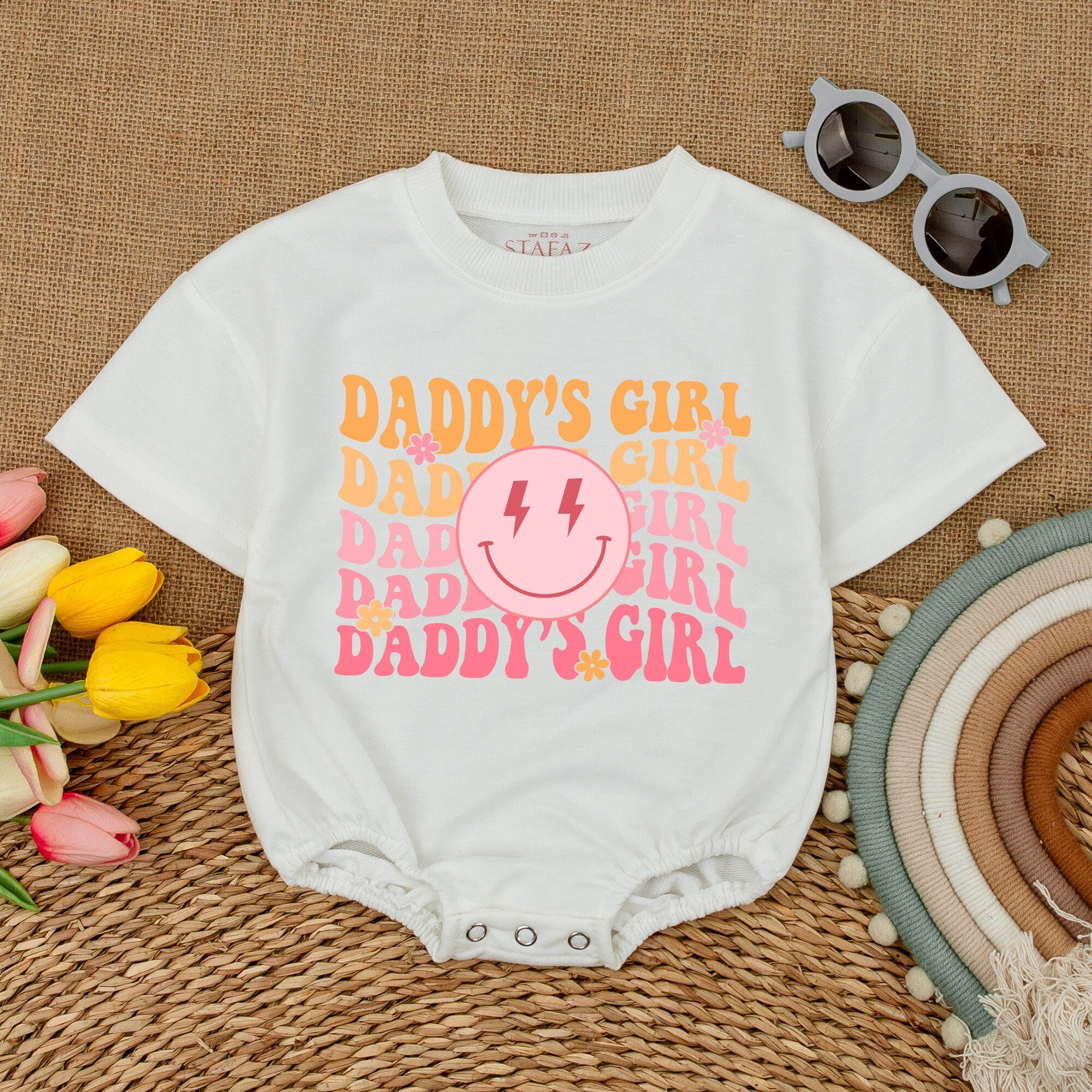 Daddy's Girl Romper with Smiley Face Lightning Eyes Vibrant Colors Soft Cotton Short Sleeve Baby Toddler Outfit Fun Playful Design