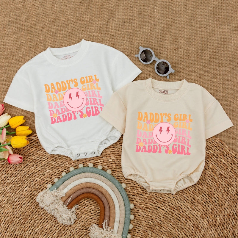 Daddy's Girl Romper with Smiley Face Lightning Eyes Vibrant Colors Soft Cotton Short Sleeve Baby Toddler Outfit Fun Playful Design