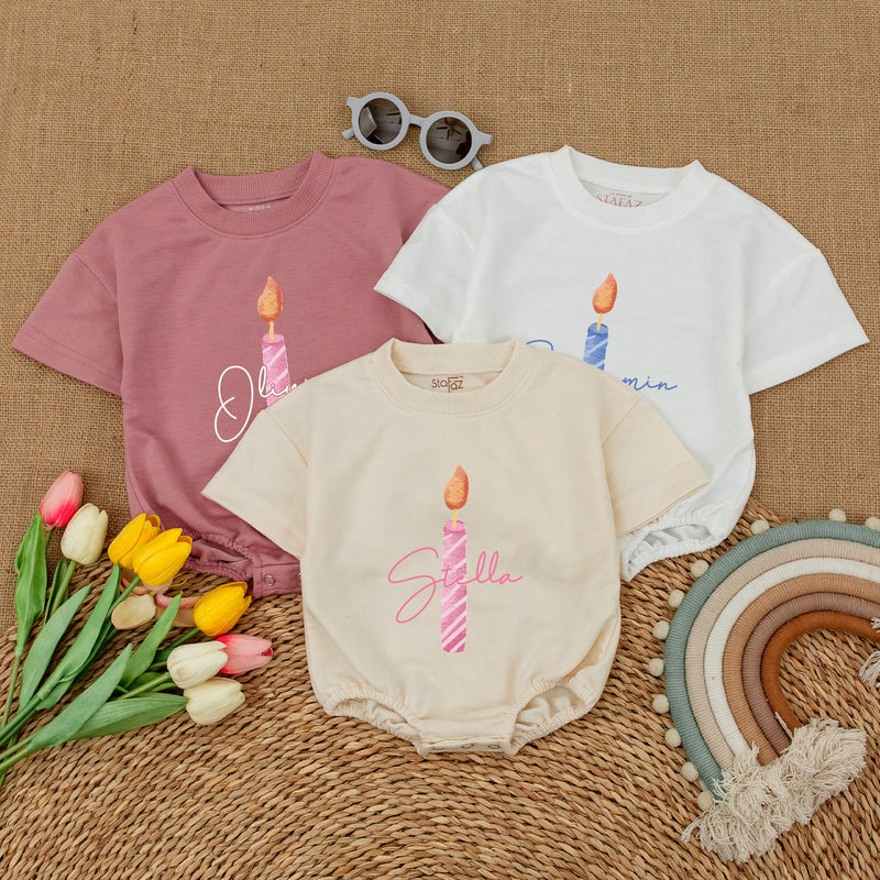 Personalized First Birthday Candle Baby Romper Striped Pink Blue Design Soft Cotton Outfit for Infant Girl Boy Celebration Party Wear