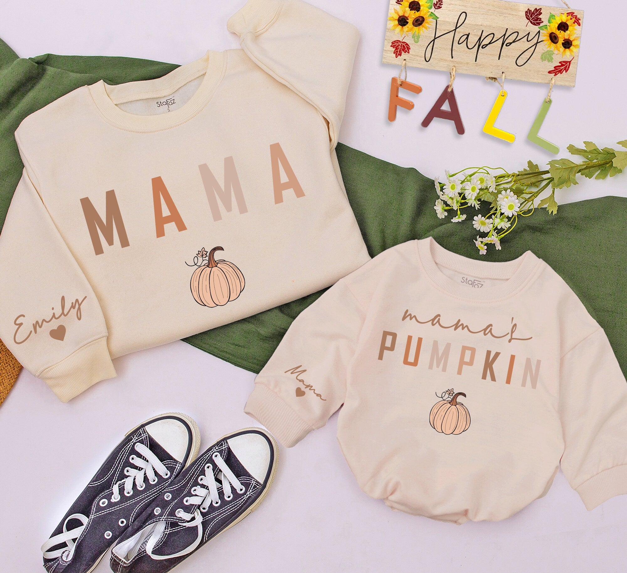 Personalized Mama & Me Fall Sweatshirts with Pumpkin Design