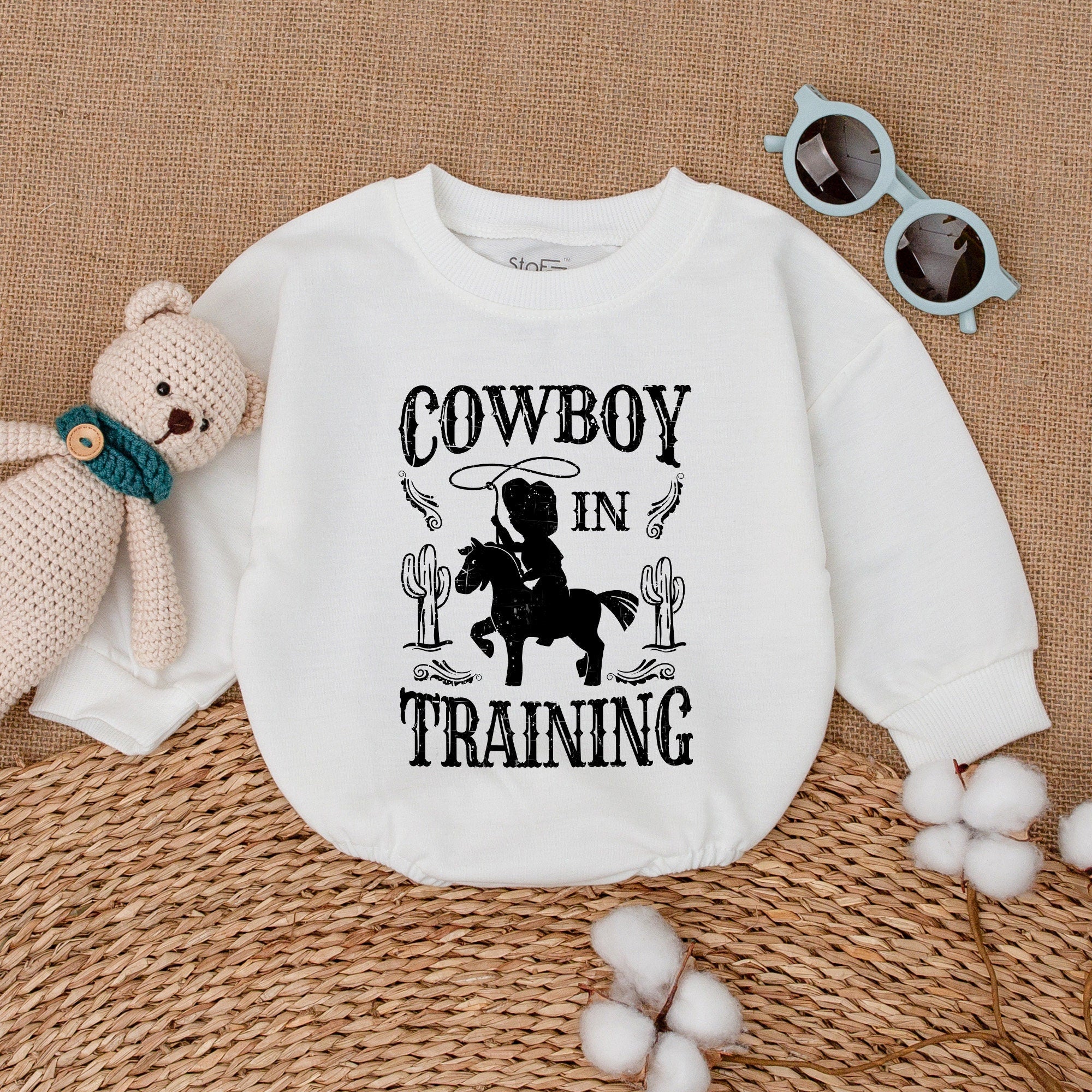 Cowboy in Training Baby Romper Western Style Newborn Gift Soft Cotton Country Bodysuit Gender Neutral Rustic Cacti Design