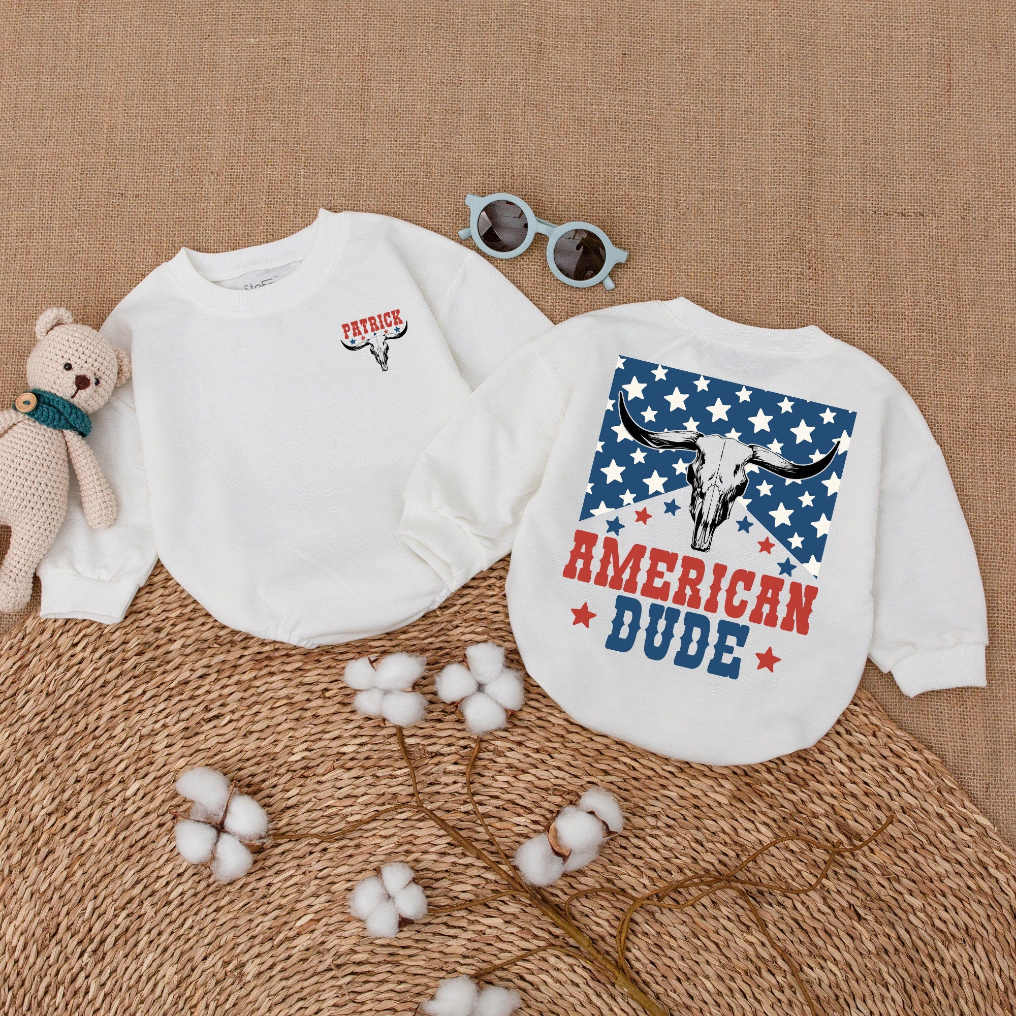 Personalized American Dude Patriotic Baby Romper with Longhorn Skull Design 4th of July Outfit Cotton Comfortable Independence Day Suit