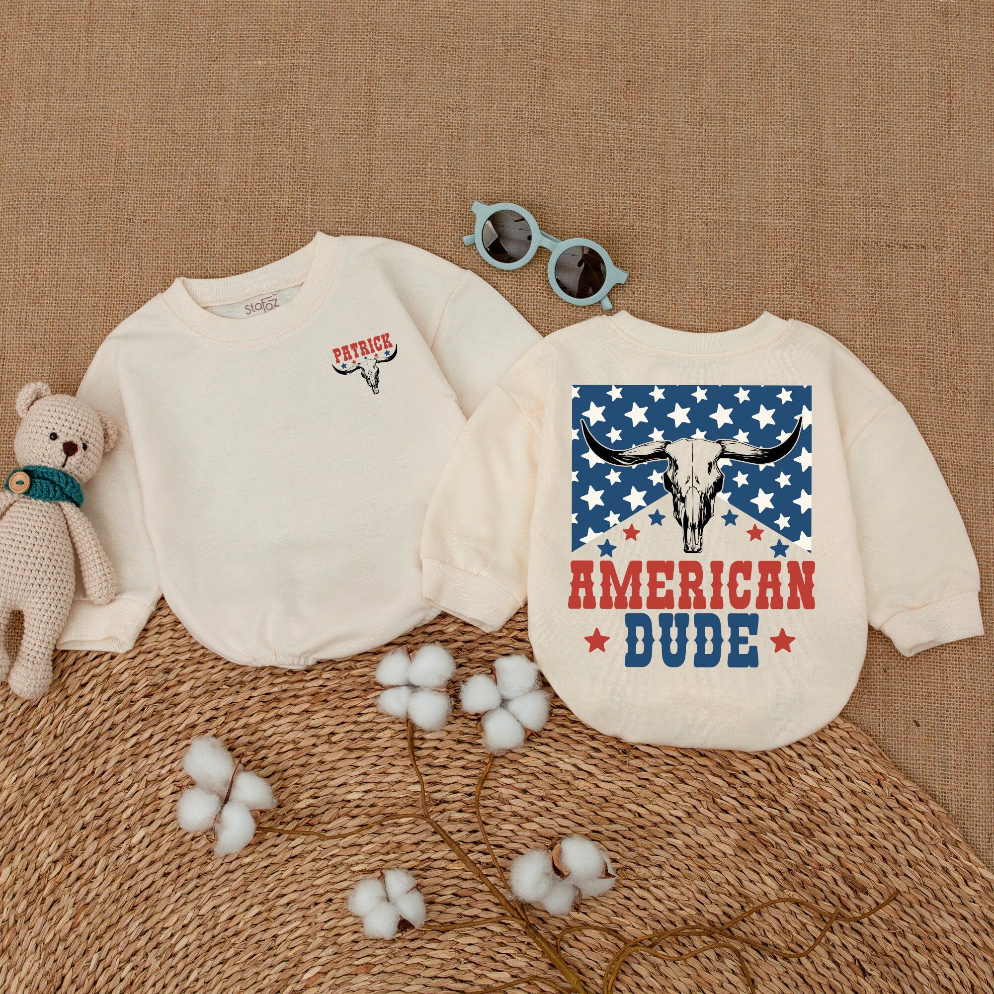 Personalized American Dude Patriotic Baby Romper with Longhorn Skull Design 4th of July Outfit Cotton Comfortable Independence Day Suit