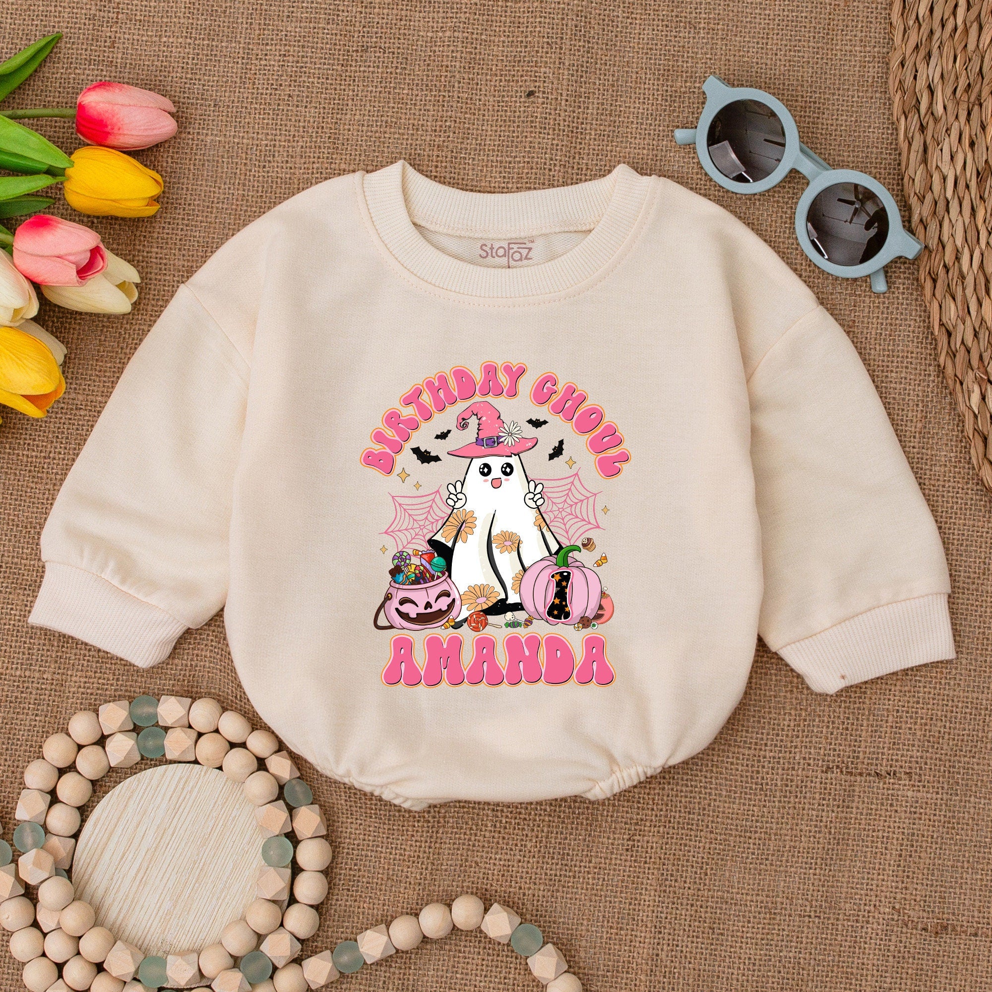 Custom Birthday Ghoul Romper for Baby Girls Pink Witch Hat Halloween 1st Birthday Outfit Soft Cotton Fun Party Wear Personalized Gift