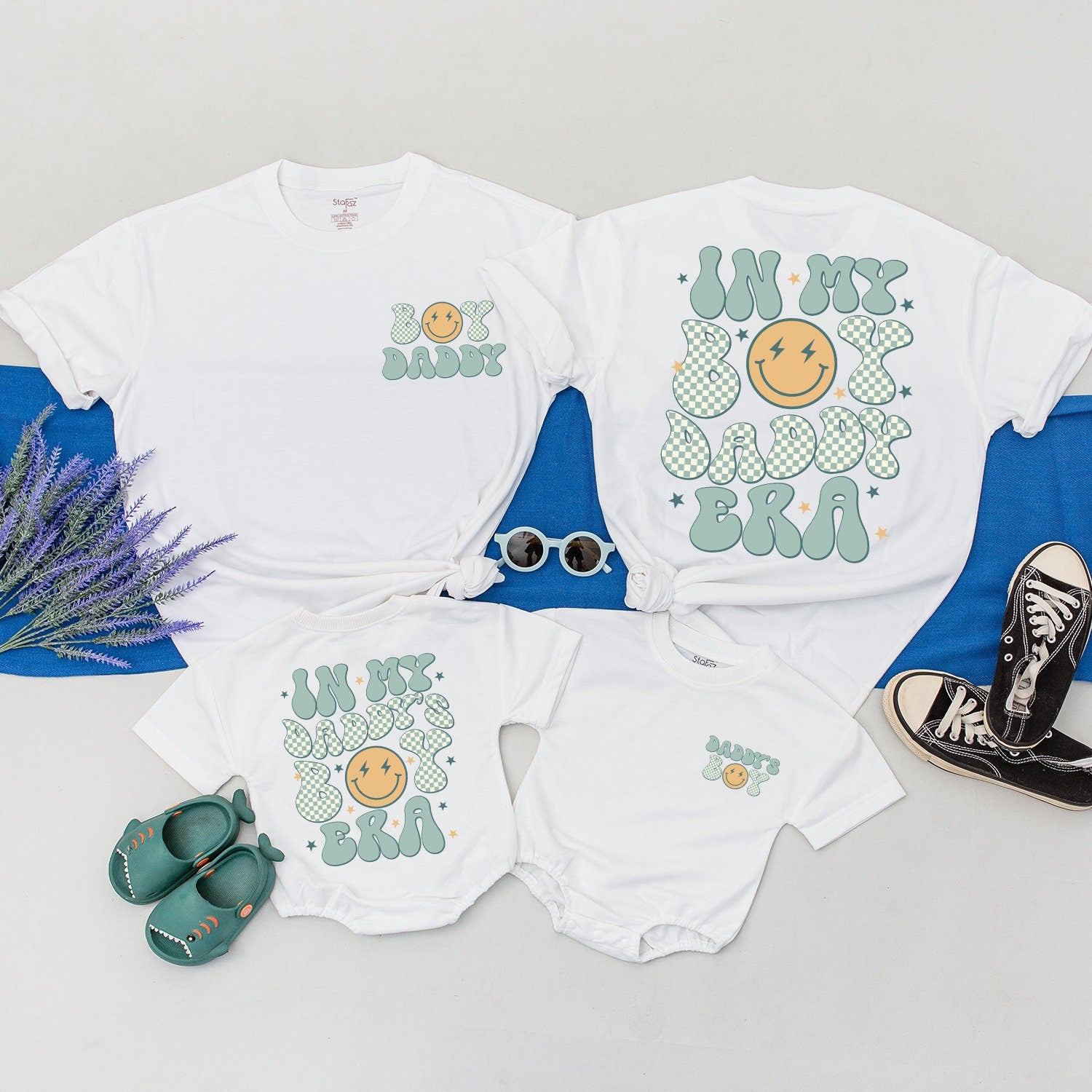 In My Boy Daddy Era and Daddy's Boy Era Matching Shirts for First Father's Day Soft Green Bubble Font Cheerful Sun Graphic