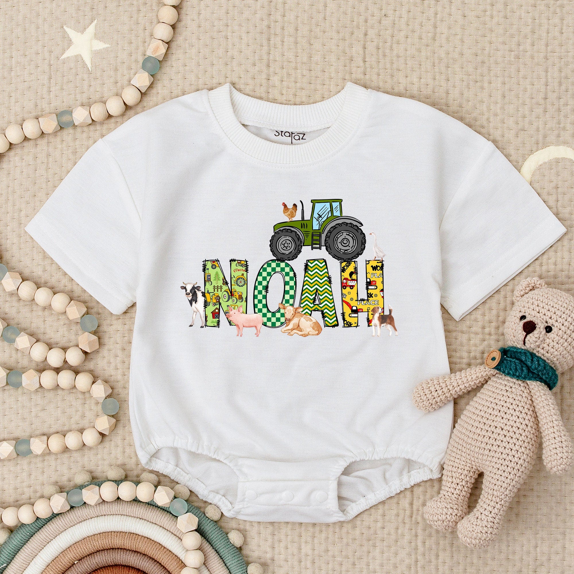 Farm-Themed Baby Romper with Personalized Tractor Design