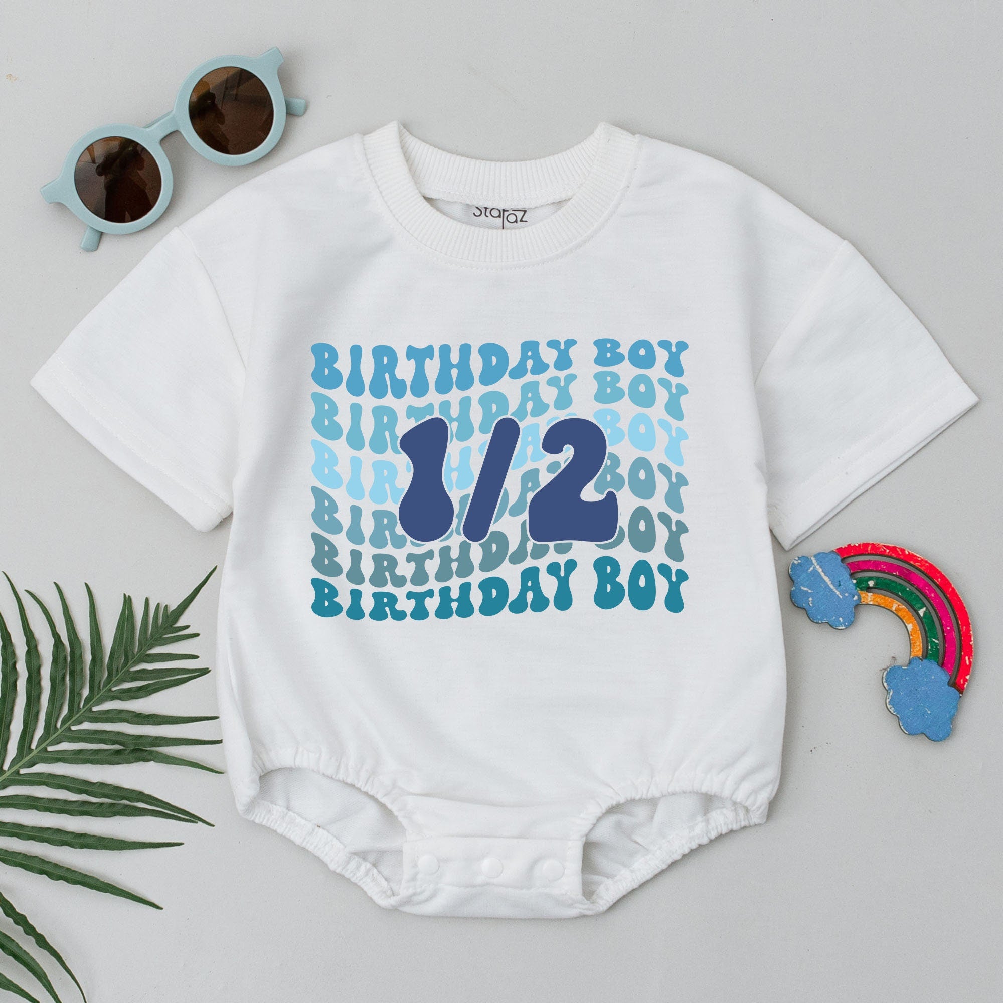 Half Birthday Boy Romper 6 Months Gift Soft Blue Design Newborn Baby Clothes Playful Modern 1/2 Birthday Outfit Cotton Comfortable