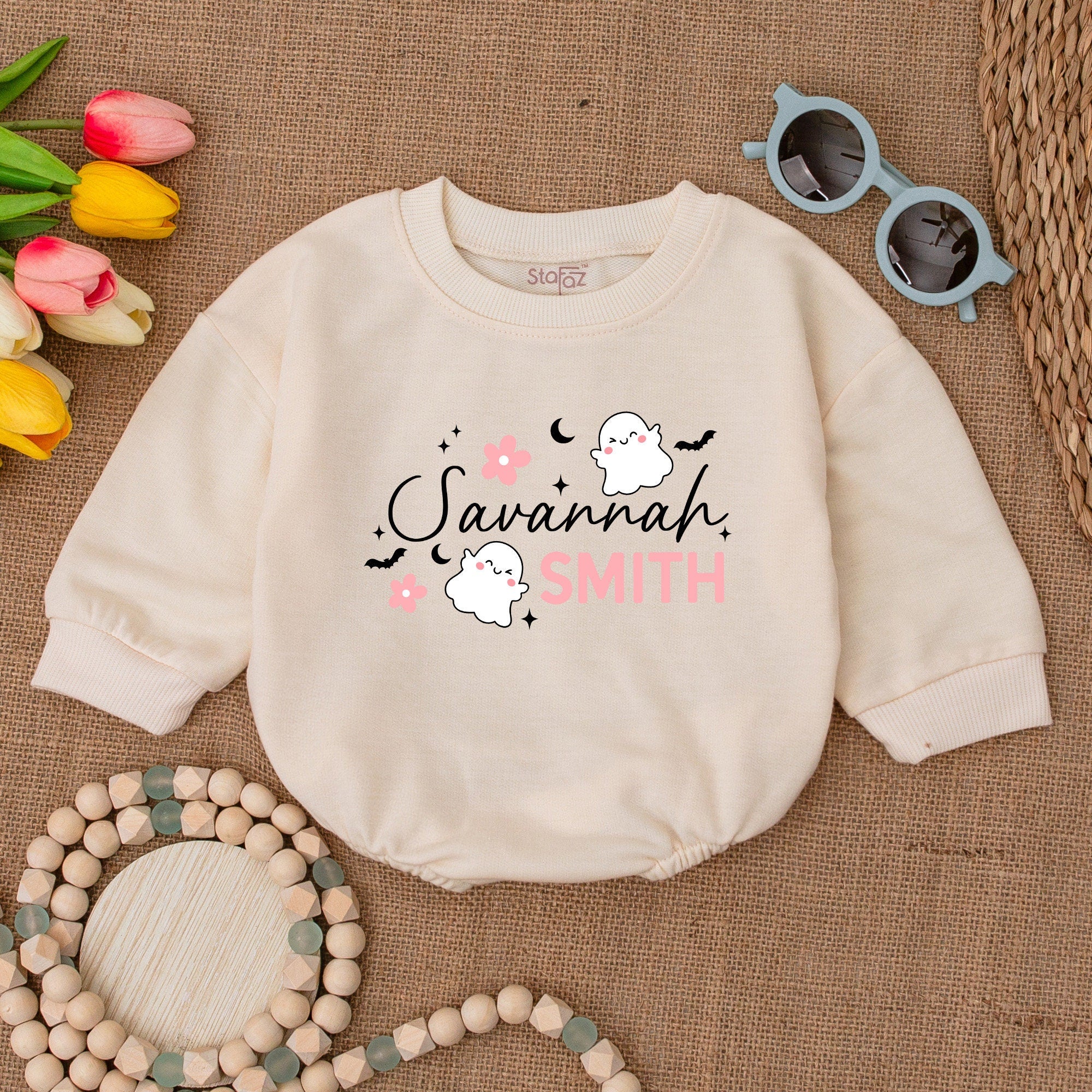 Custom Name Halloween Baby Romper with Cute Ghosts Soft Pink Stars and Floral Design Infant Bodysuit Fall Holiday Outfit Baby Gift