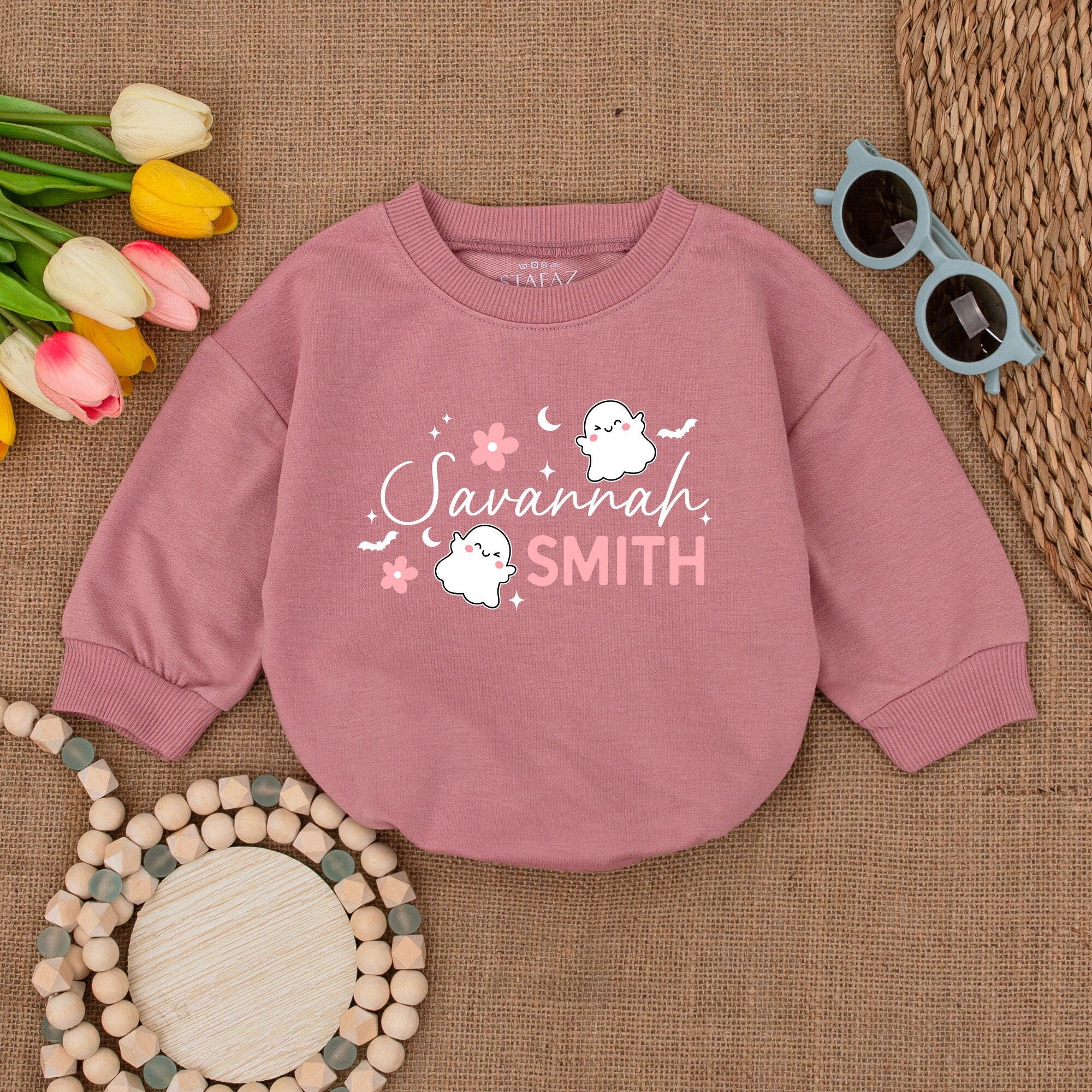 Custom Name Halloween Baby Romper with Cute Ghosts Soft Pink Stars and Floral Design Infant Bodysuit Fall Holiday Outfit Baby Gift