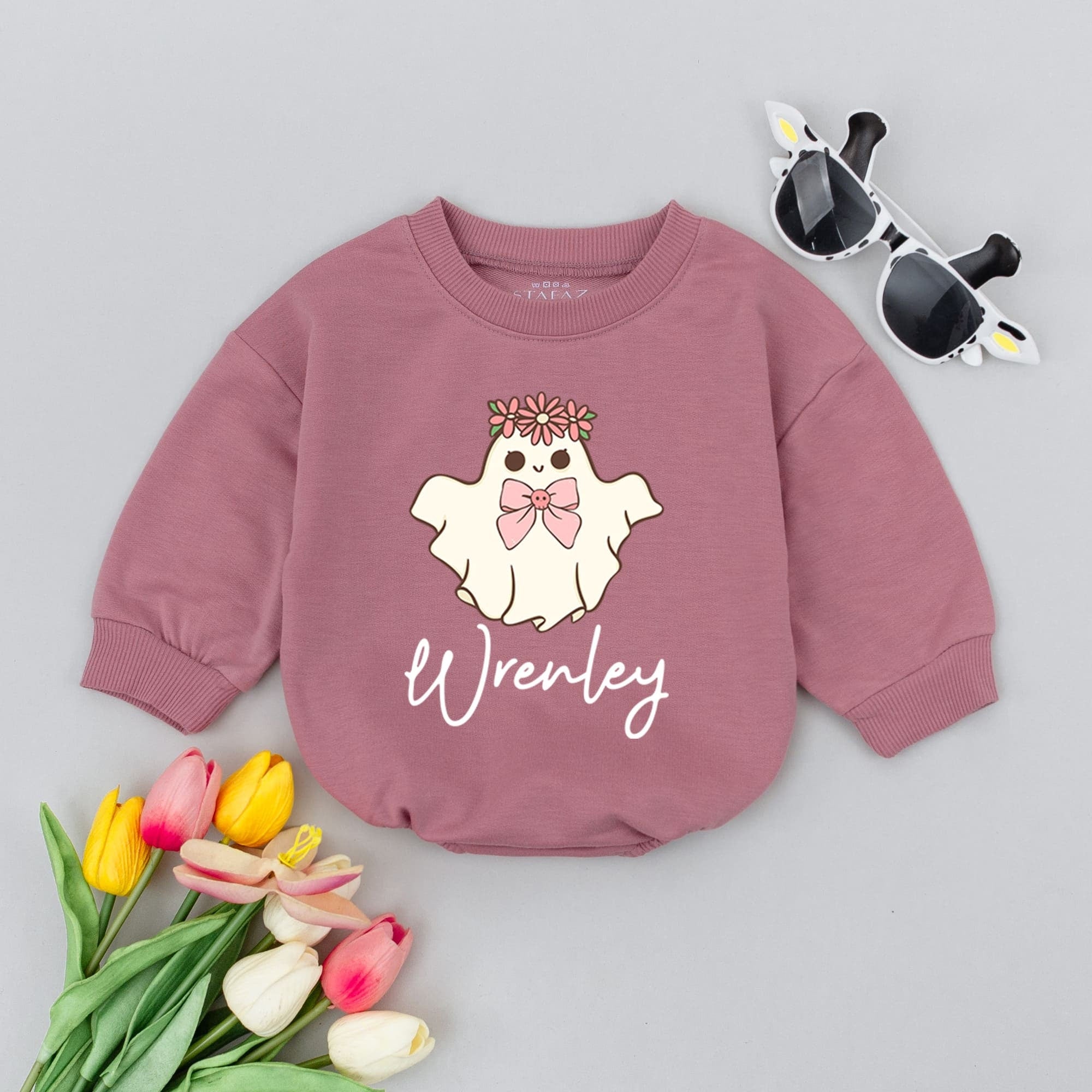 Personalized Hippie Ghost Baby Romper Flower Crown Halloween Outfit Soft Cotton Newborn Bodysuit Infant Fall Clothes Cute Custom Gift