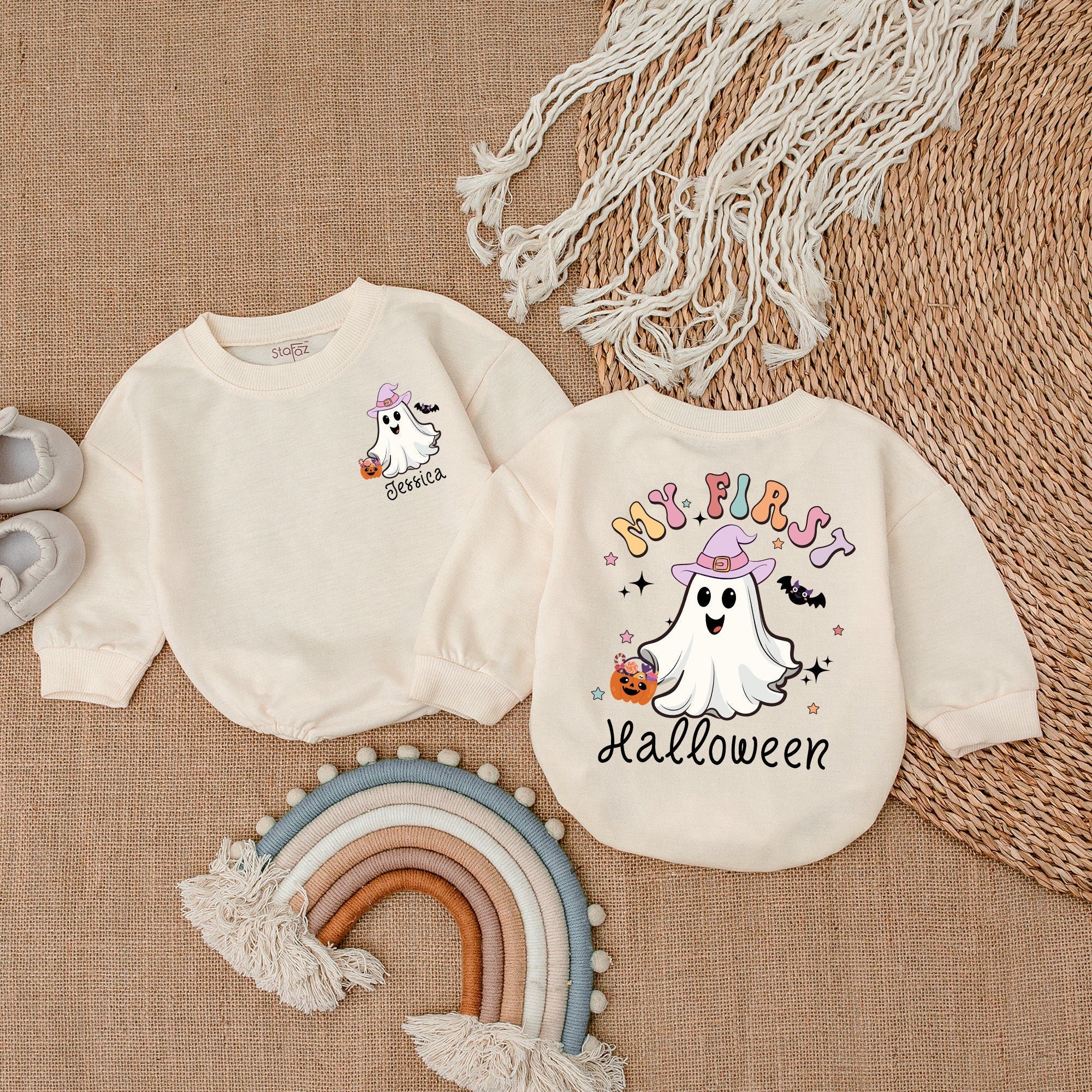 Custom Baby's First Halloween Outfit Ghost Romper Pink Witch Hat Pumpkin Soft Cotton Baby Girl Clothes Festive Holiday Wear