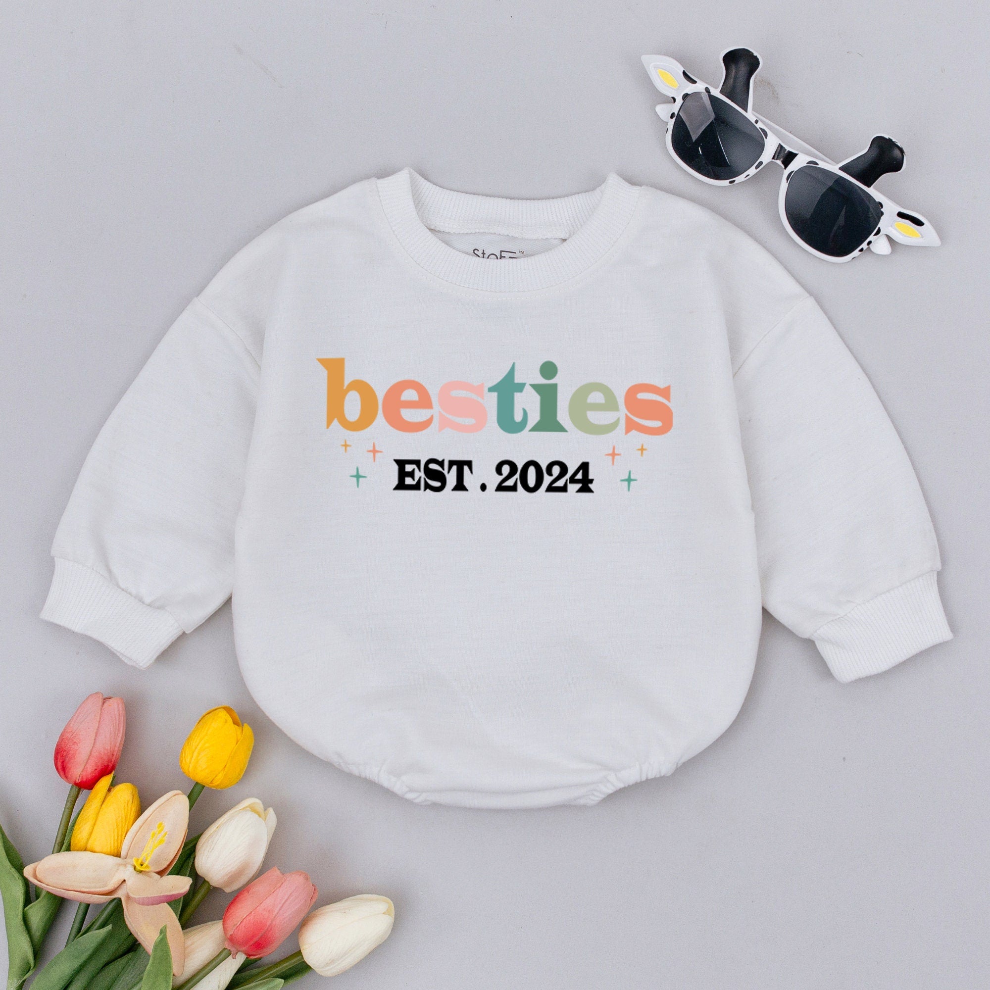 Besties 2024 Infant Romper Retro Pastel Colors Cute Baby Girl Outfit Birthday Gift Soft Cotton Newborn BFF Onesie Shower Present