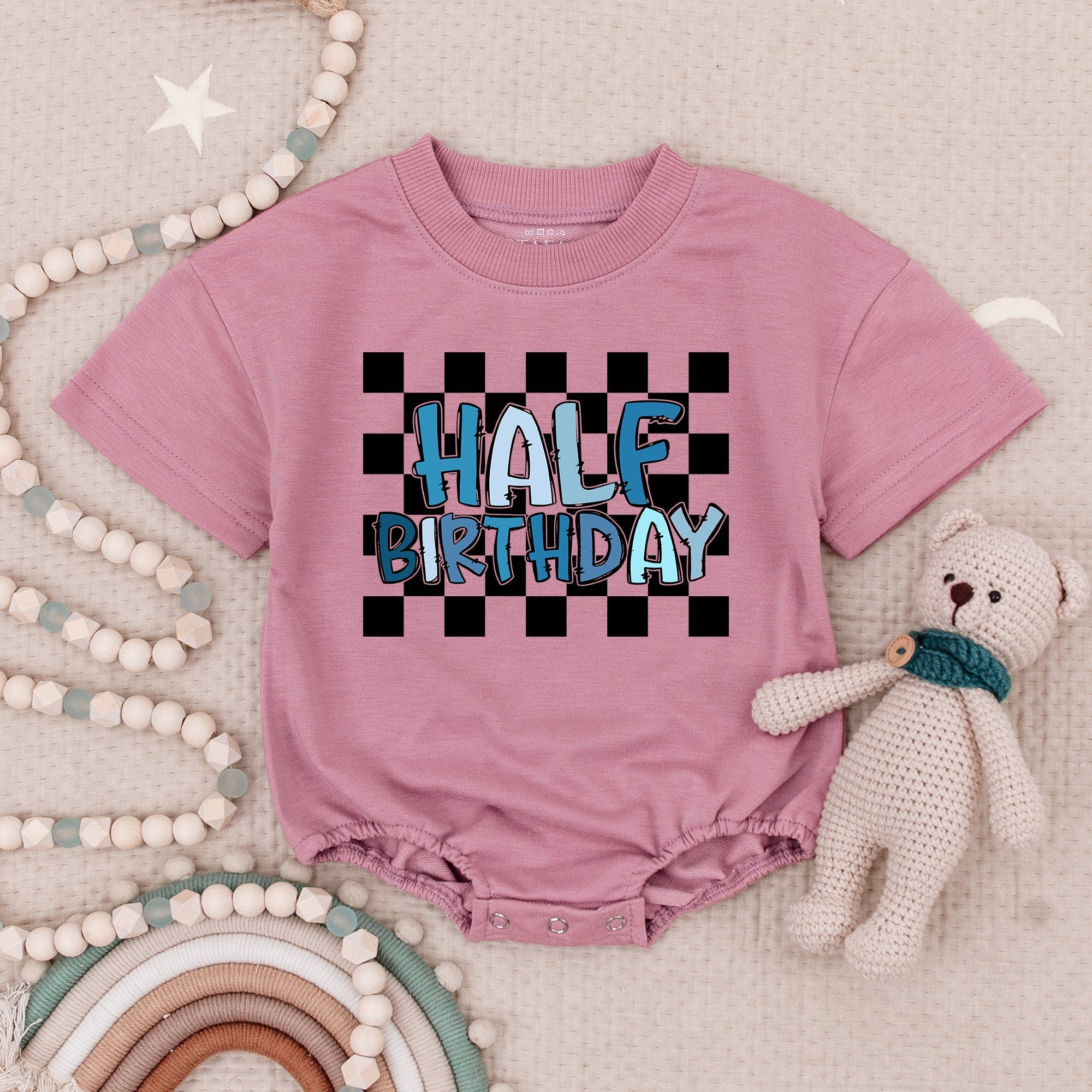Half Birthday Romper for Boys with Checkered Design