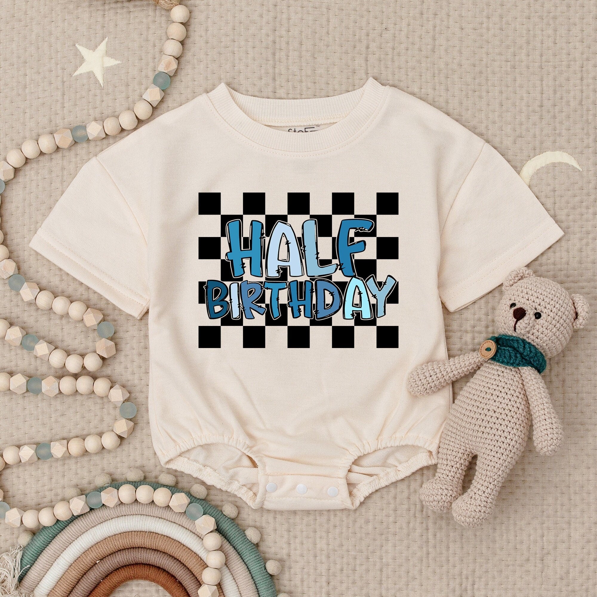 Half Birthday Romper for Boys with Checkered Design
