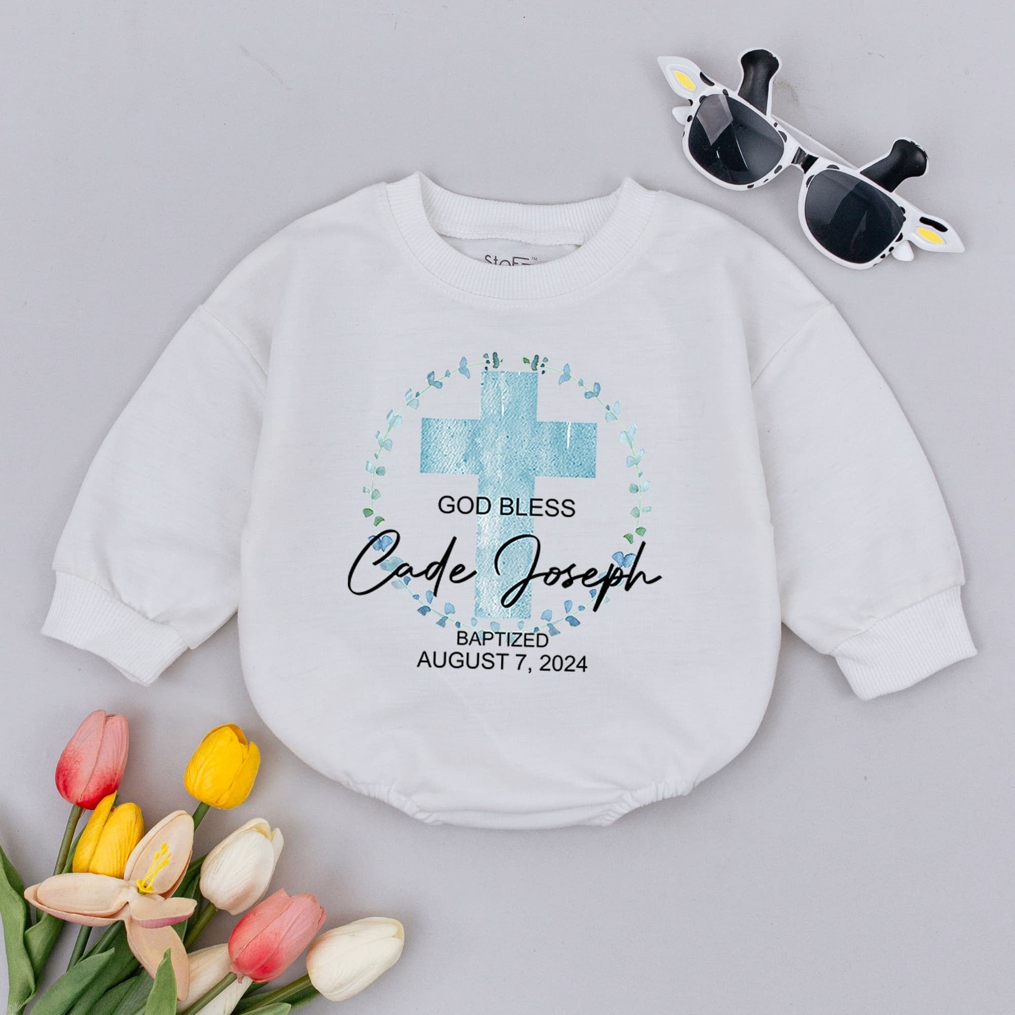 Custom Baptism Baby Romper God Bless Cade Joseph Light Blue Cross Personalized Christening Outfit Soft Cotton Infant Boy August 2024