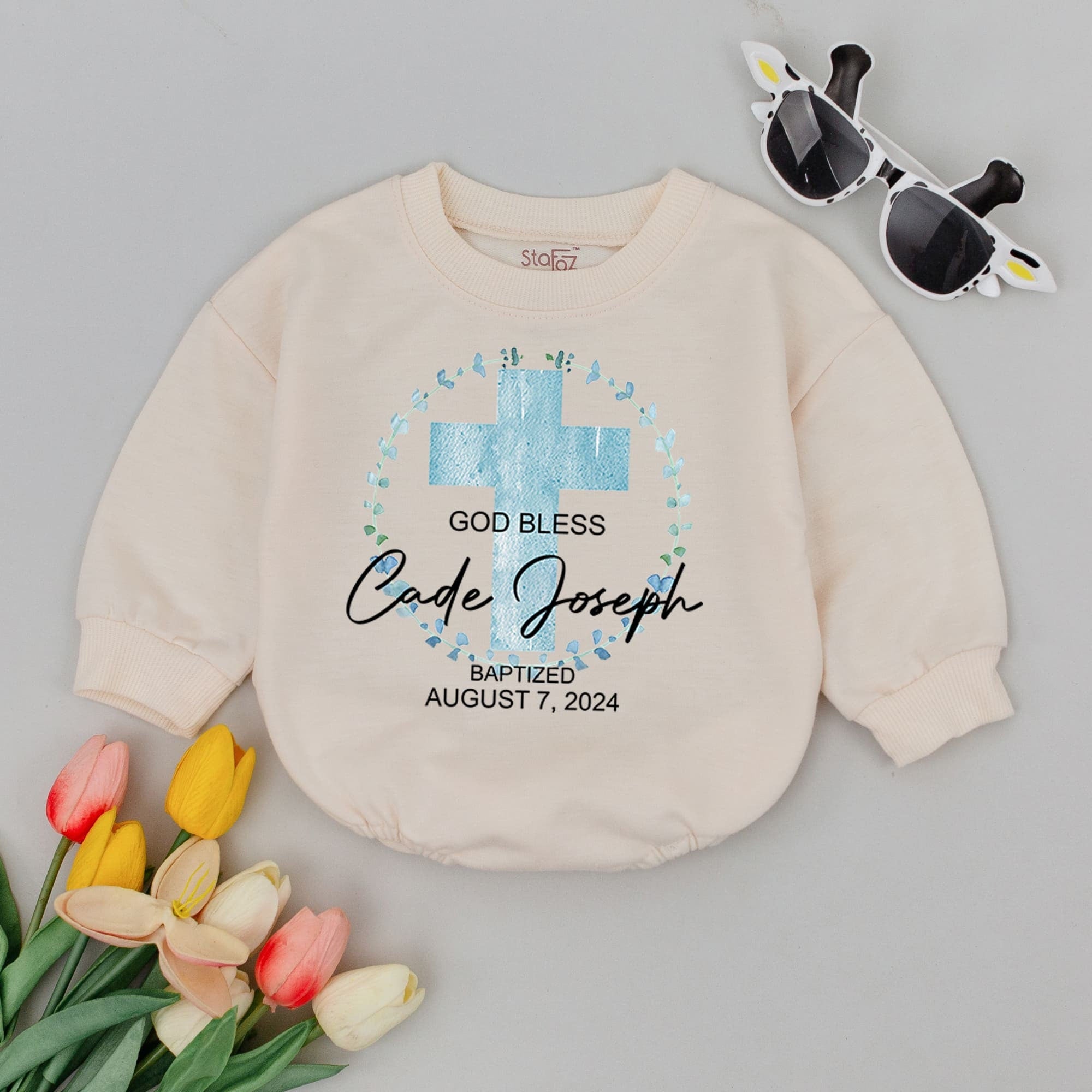Custom Baptism Baby Romper God Bless Cade Joseph Light Blue Cross Personalized Christening Outfit Soft Cotton Infant Boy August 2024
