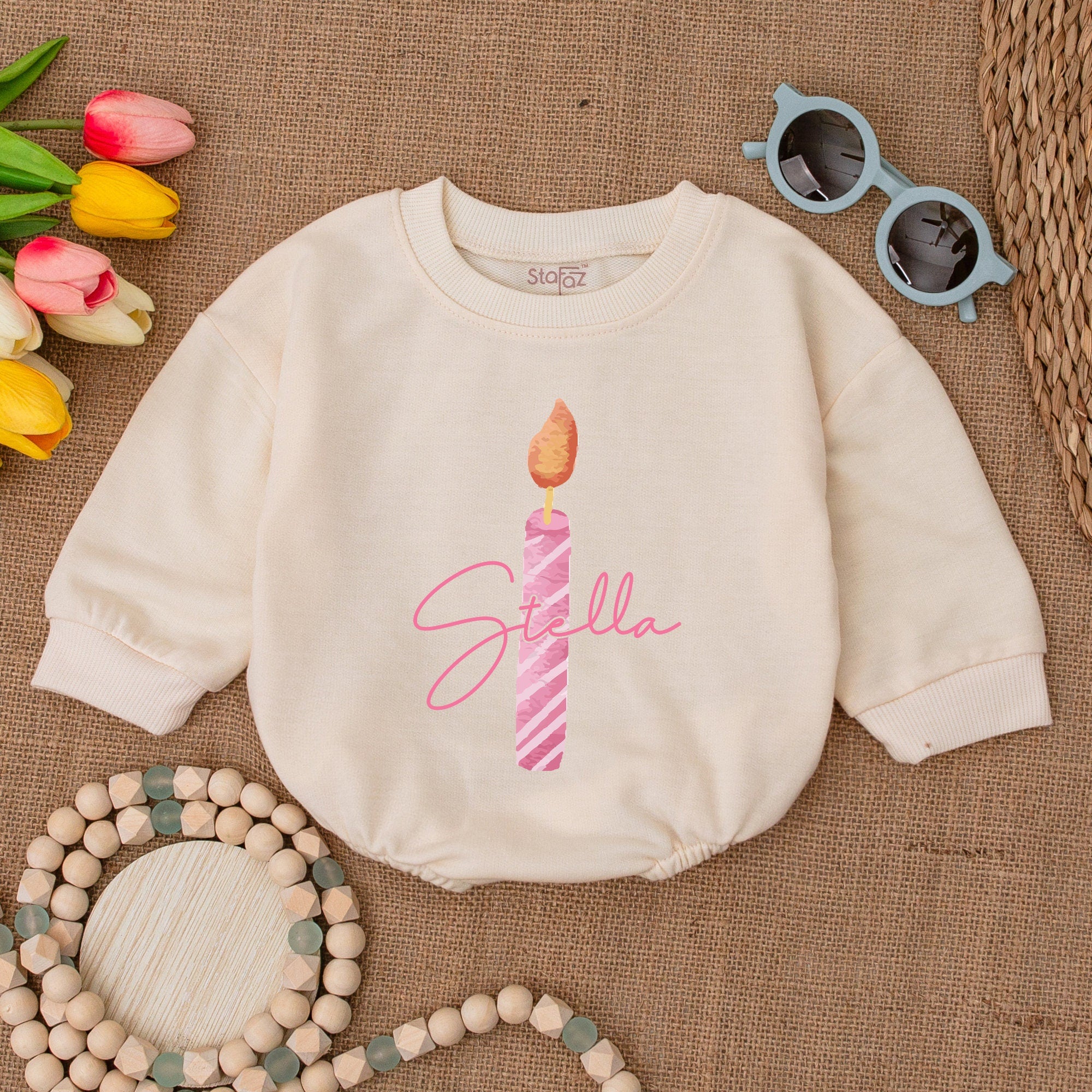 Personalized Birthday Candle Baby Romper Custom Name First Birthday Outfit Soft Cotton Infant Clothes Pink or Blue Design