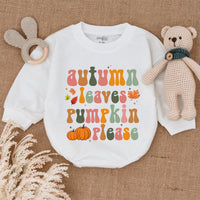Autumn Leaves Pumpkin Please Baby Romper Festive Thanksgiving Outfit Whimsical Fall Bodysuit Soft Cotton Infant Holiday Clothes