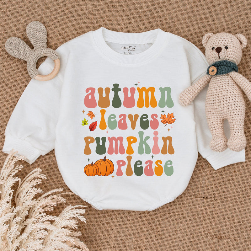Autumn Leaves Pumpkin Please Baby Romper Festive Thanksgiving Outfit Whimsical Fall Bodysuit Soft Cotton Infant Holiday Clothes