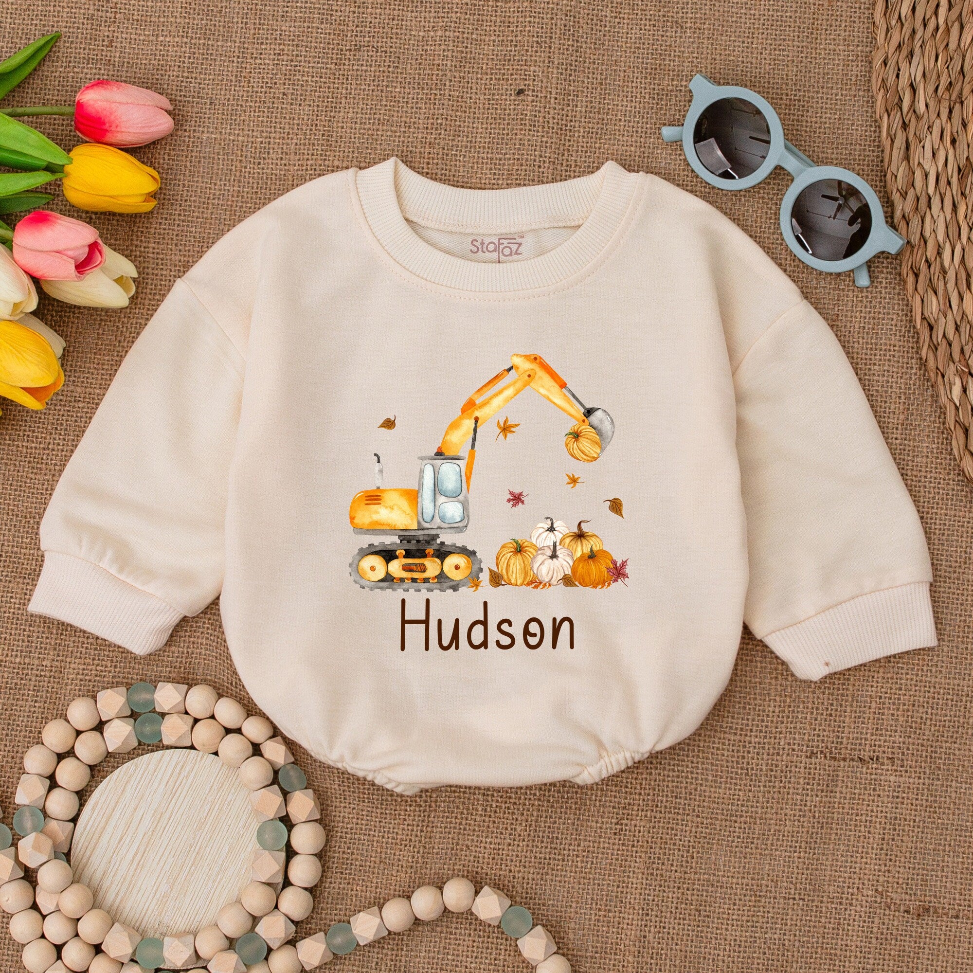 Custom Pumpkin Excavator Baby Romper Personalized Fall Construction Design Soft Cotton Thanksgiving Outfit with Hudson Name