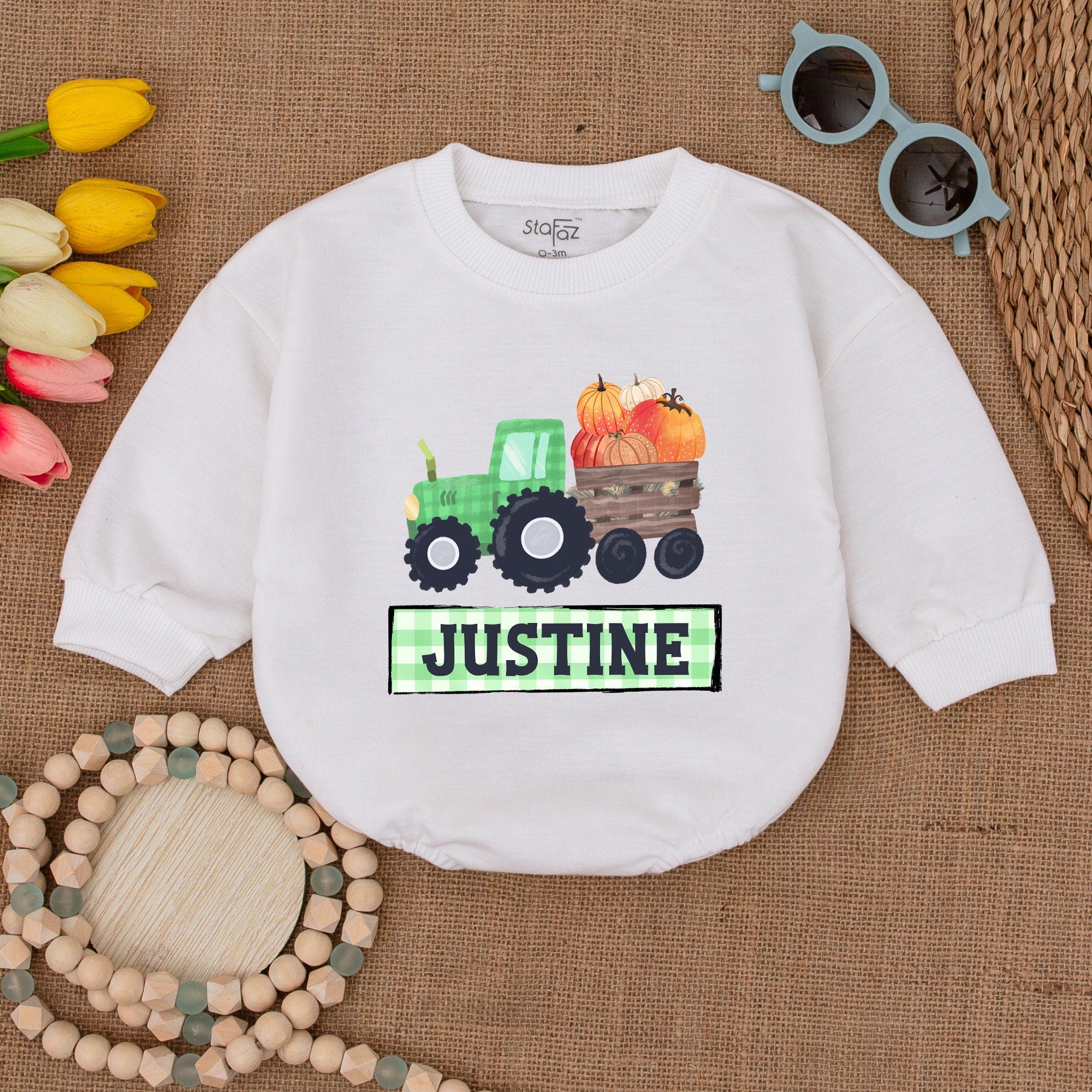 Custom Pumpkin Tractor Baby Romper Green and Orange Fall Harvest Bodysuit Personalized Justine Autumn Outfit Cozy Thanksgiving Gift